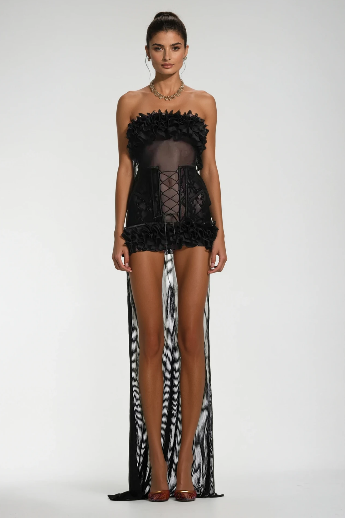 Begum Mesh Ruffle Lace Up Asymmetric Mini Dress