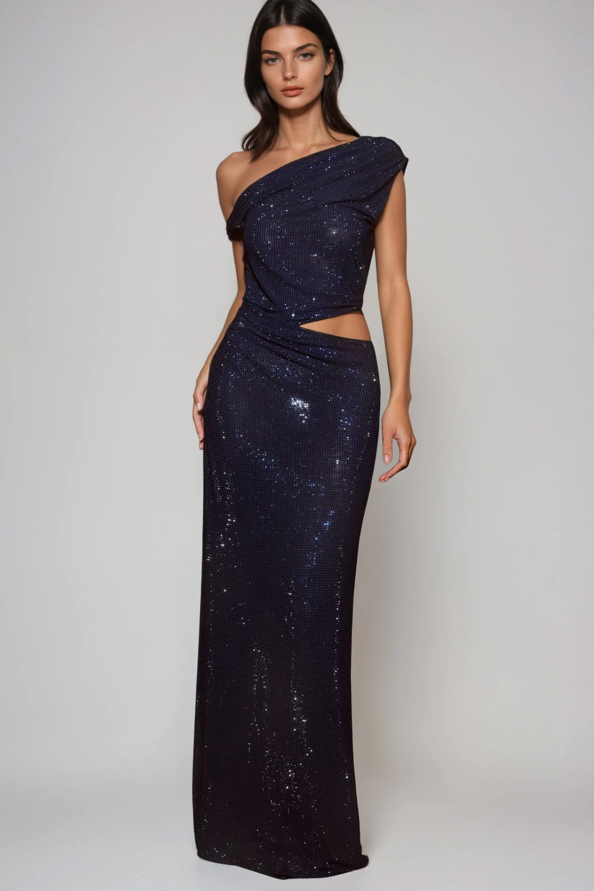 Berlioz Diamante One Shoulder Dress In Navy