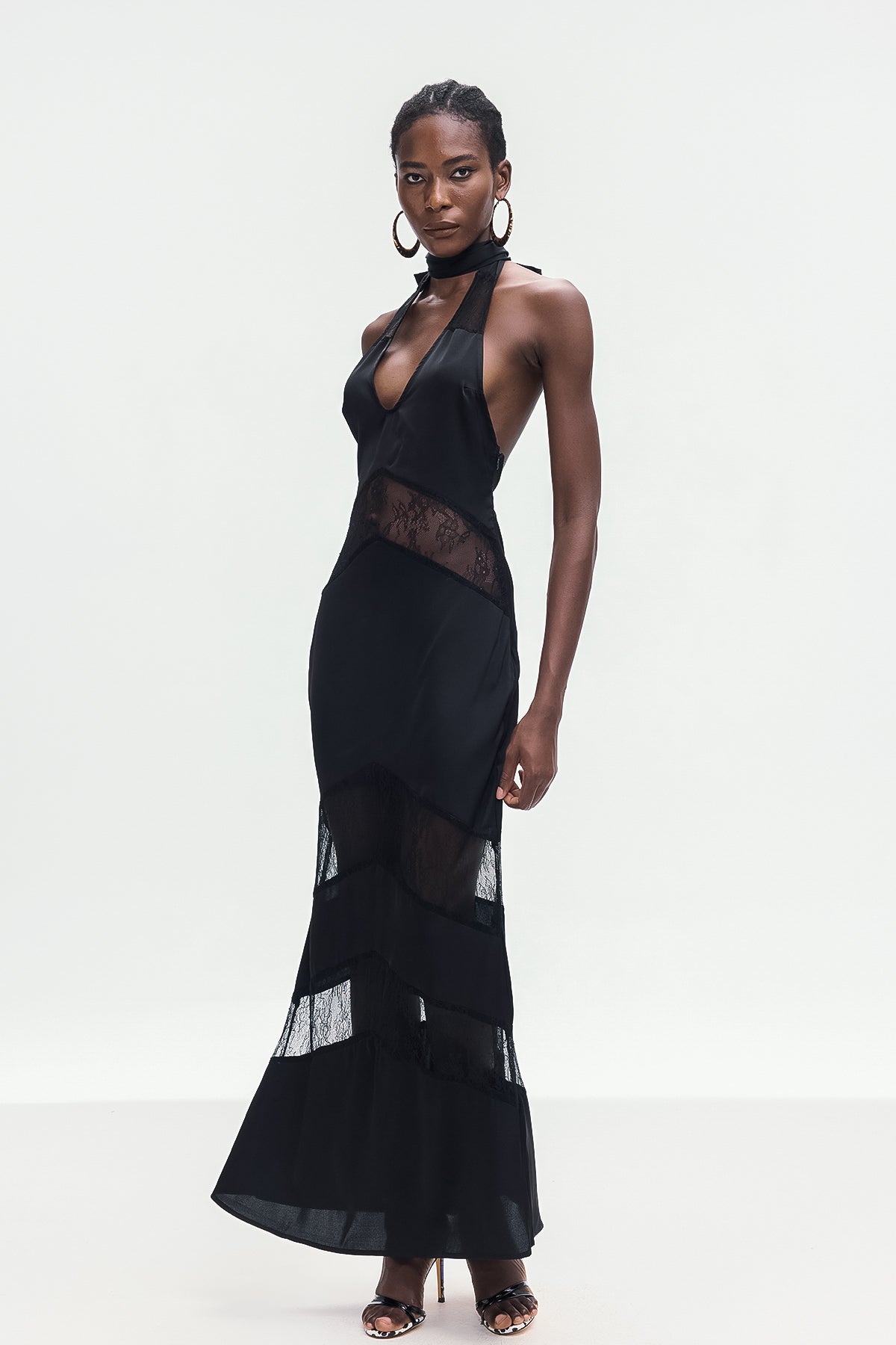 Bernal Satin Lace Cutout Floral Maxi Dress In Black
