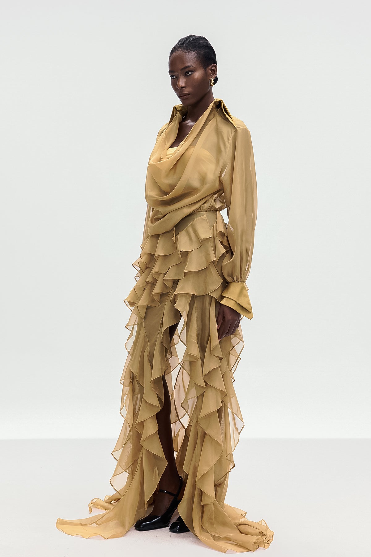 Bolat Ruffle Asymmetric Split Maxi Dress