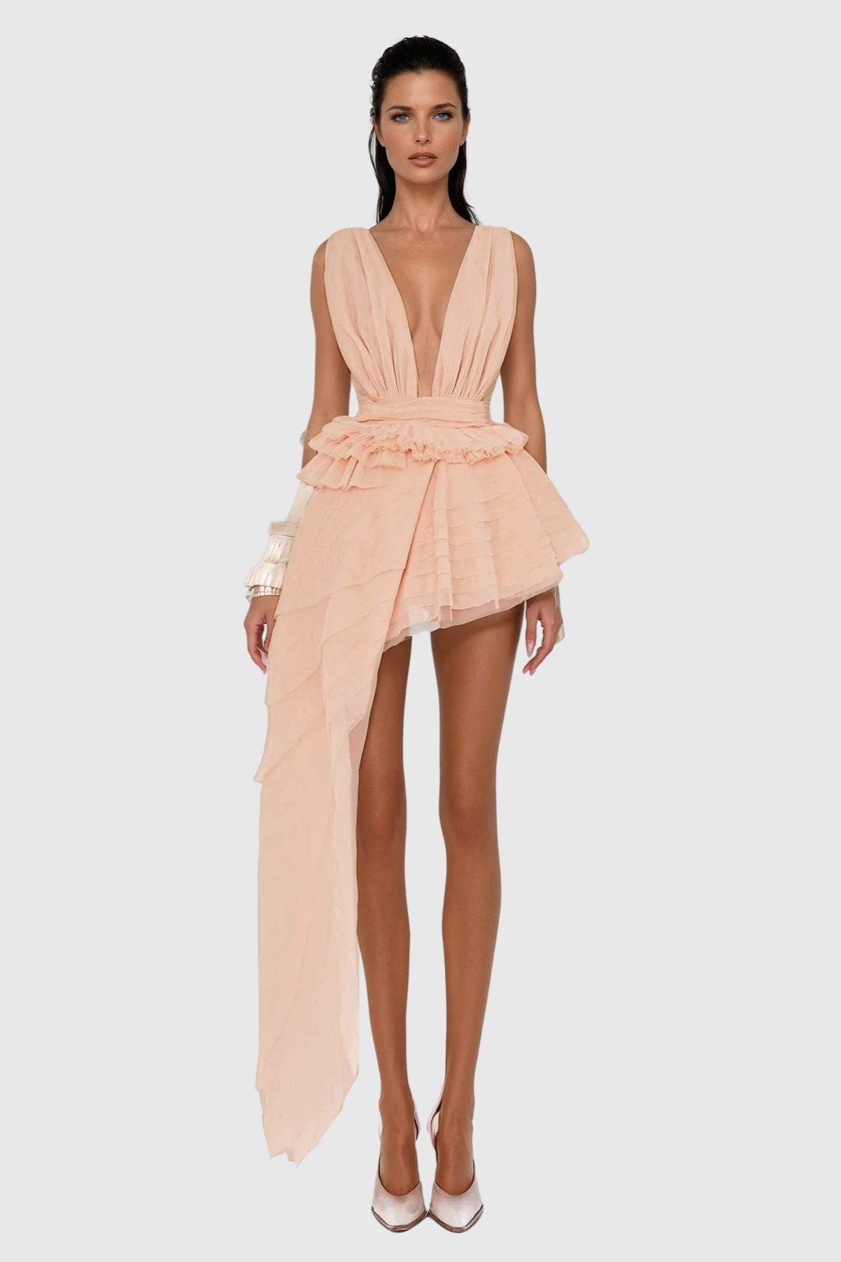 Forest Mat Ruch Mesh Asymmetric Mini Dress In Apricot