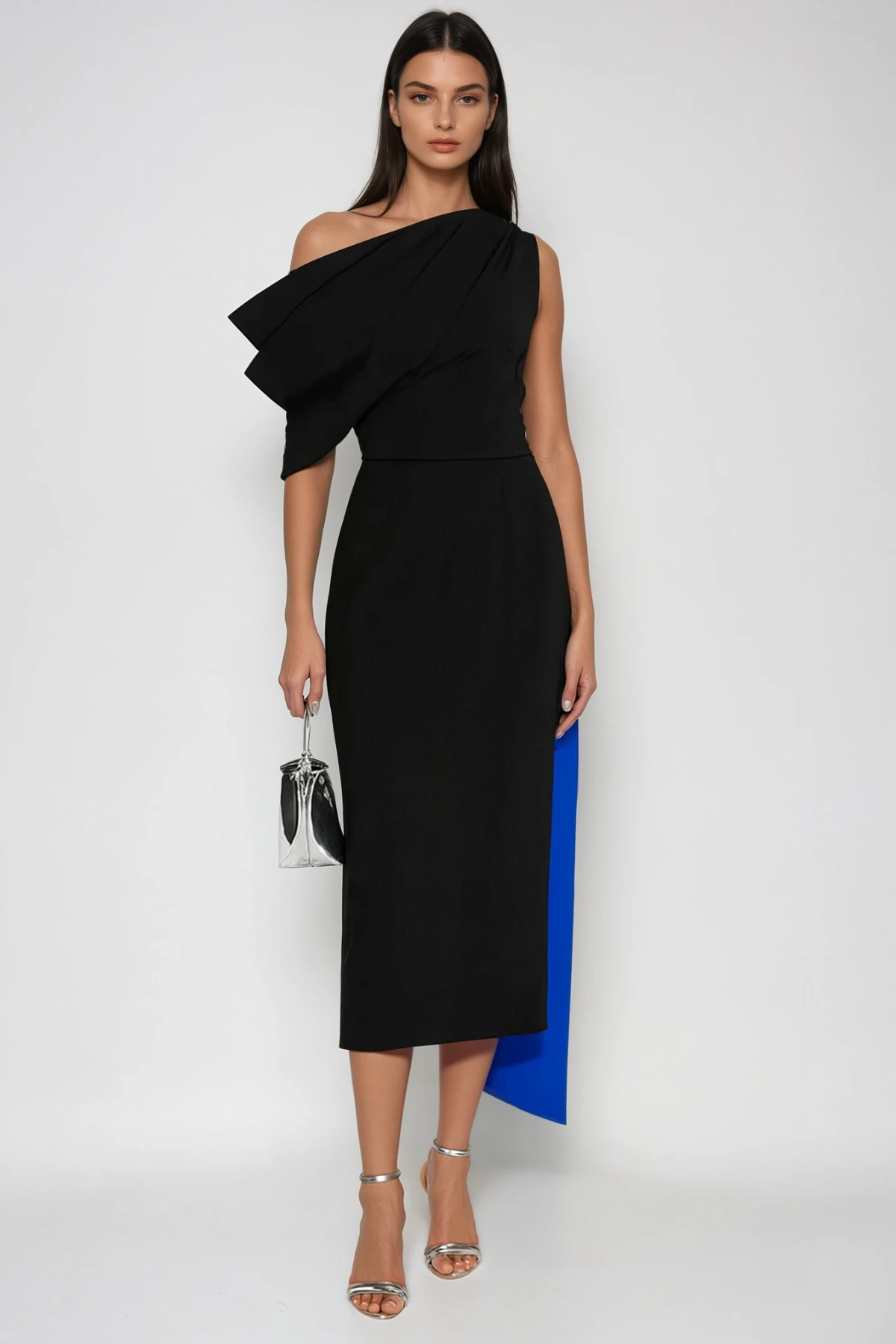 Candidus Shawl Ruch Asymmetric Midi Dress In Black