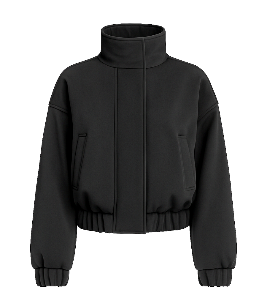 Chic Black Cropped Bomber Jacket – Bold High Collar & Elastic Hem Design 
