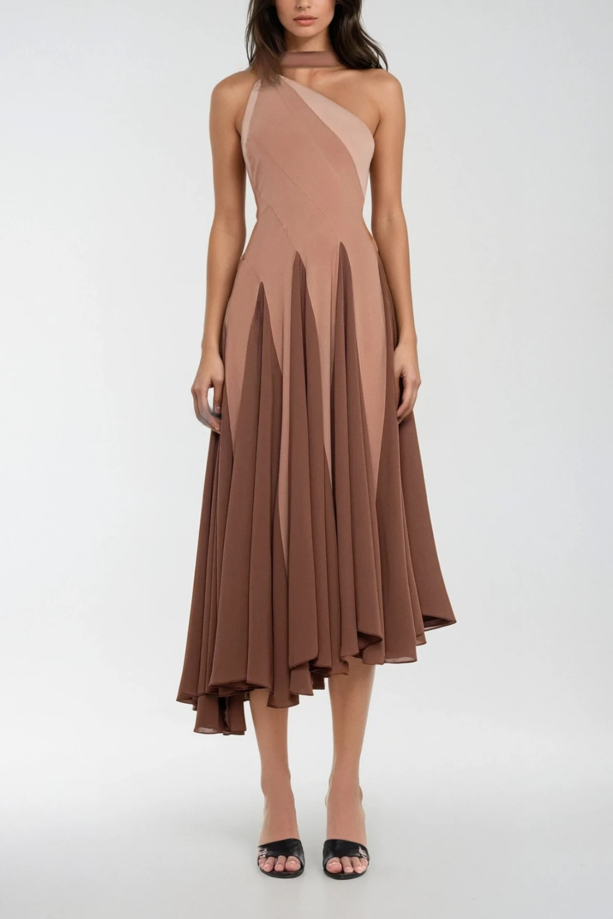 Chip One Shoulder Asymmetric Ruffle Midi Dress