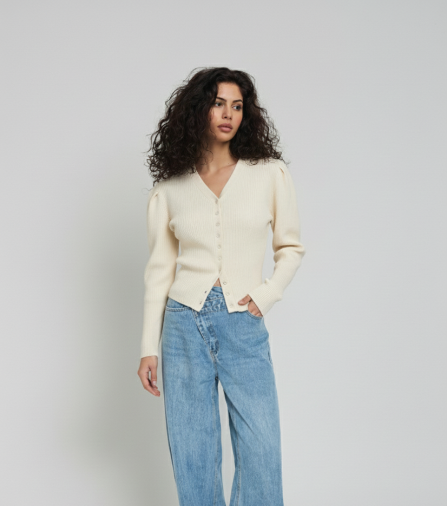 Classic Buttoned Knit Top | Fine Knit Long Sleeve Top - MODEL CREAM