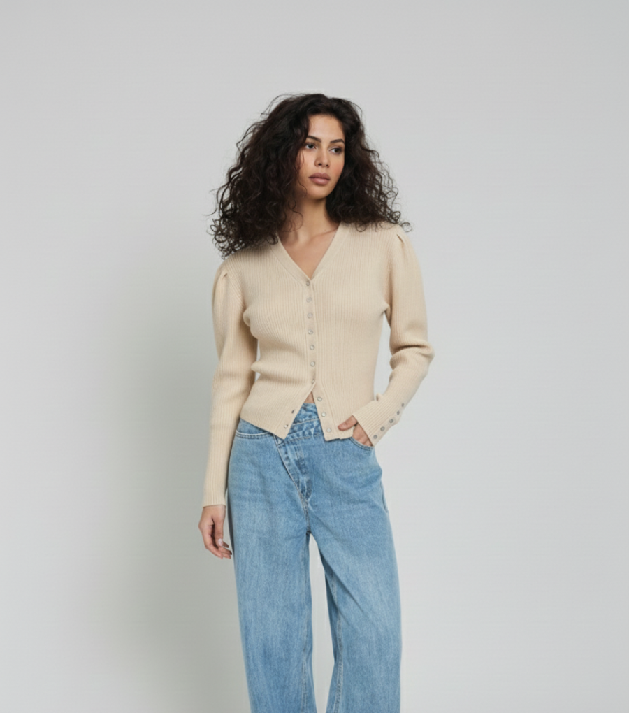 Classic Buttoned Knit Top | Fine Knit Long Sleeve Top - MODEL TAUPE
