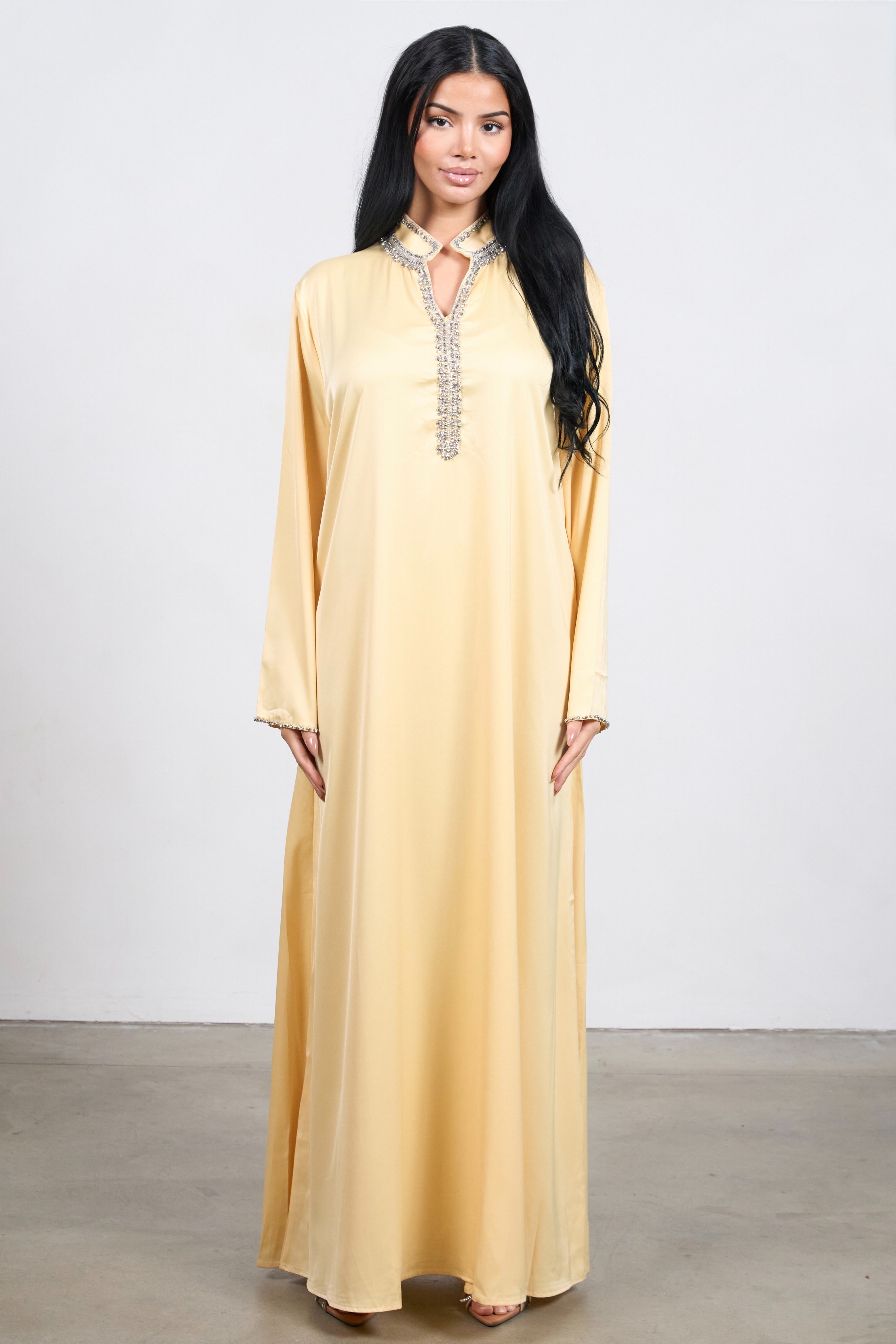 Crystal Edge Kaftan – Elegant Hand-Embellished Modest Dress
