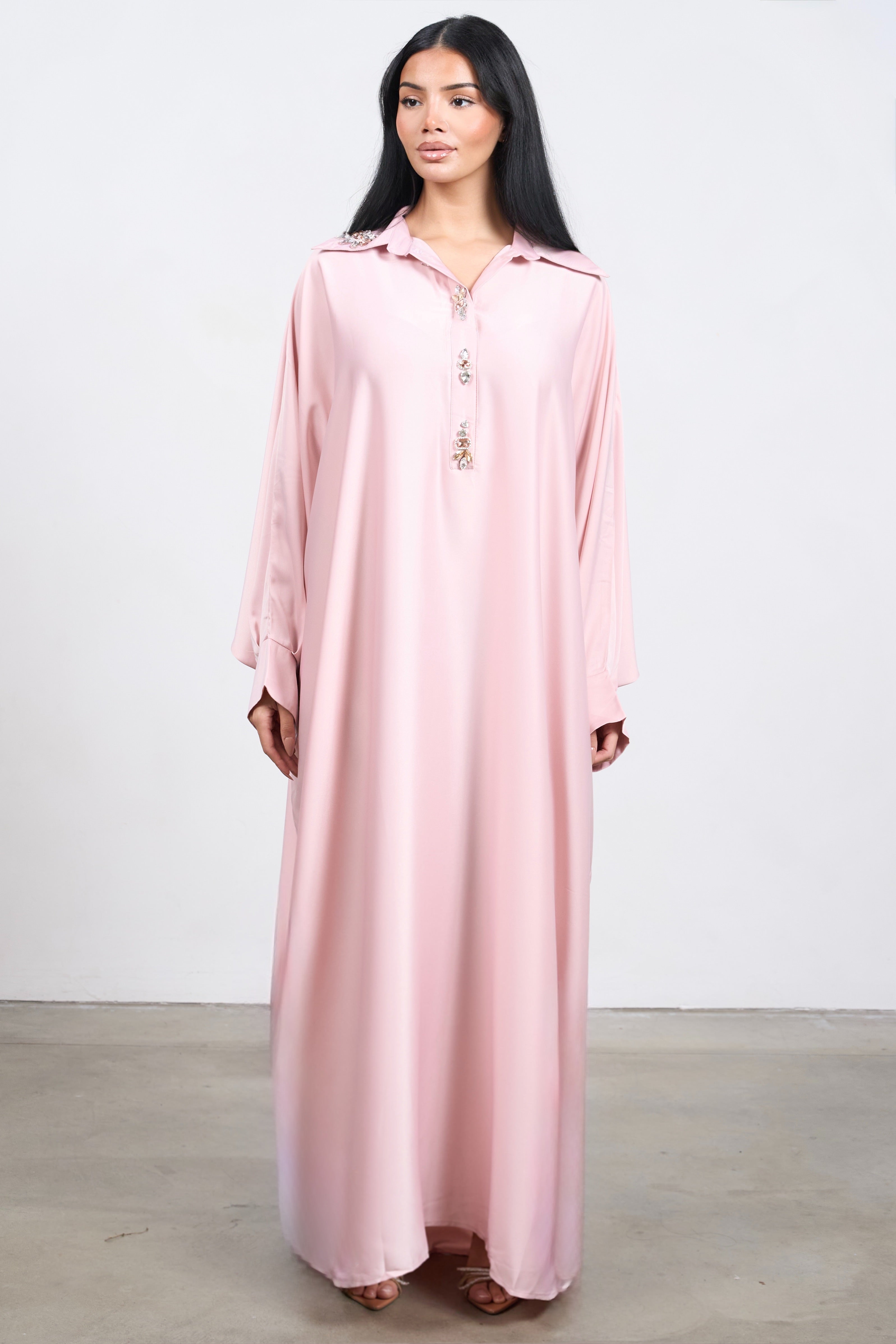Crystal Button Abaya – Elegant Modest Dress with Crystal Detail
