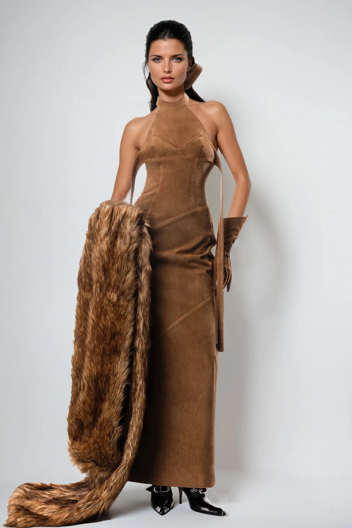 Suede Halter Neck Maxi Dress – Women’s Evening Dress