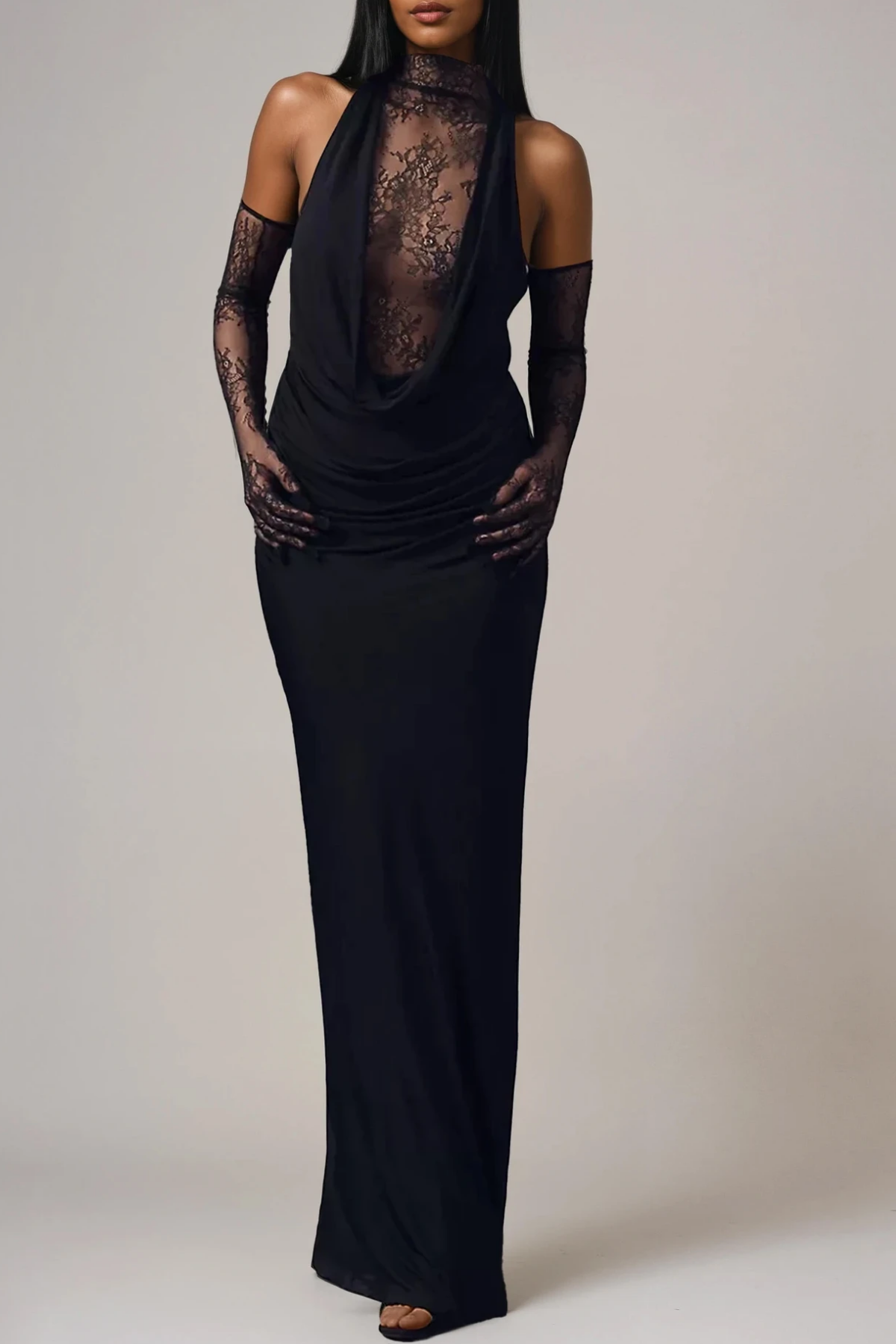 Darleen Cowl Neck Ruch Lace Maxi Dress In Black