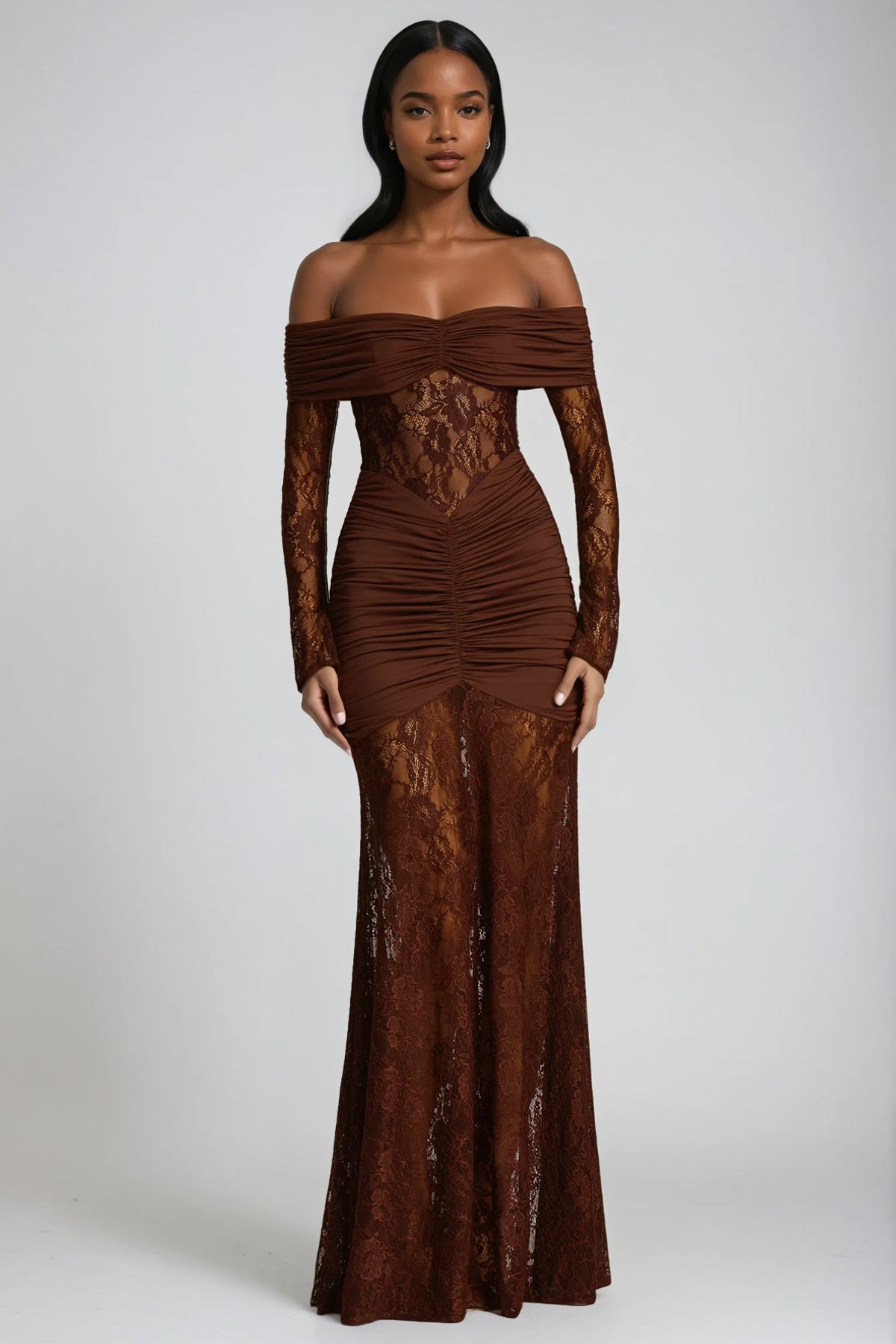 Darlene Strapless Ruffle Lace Maxi Dress