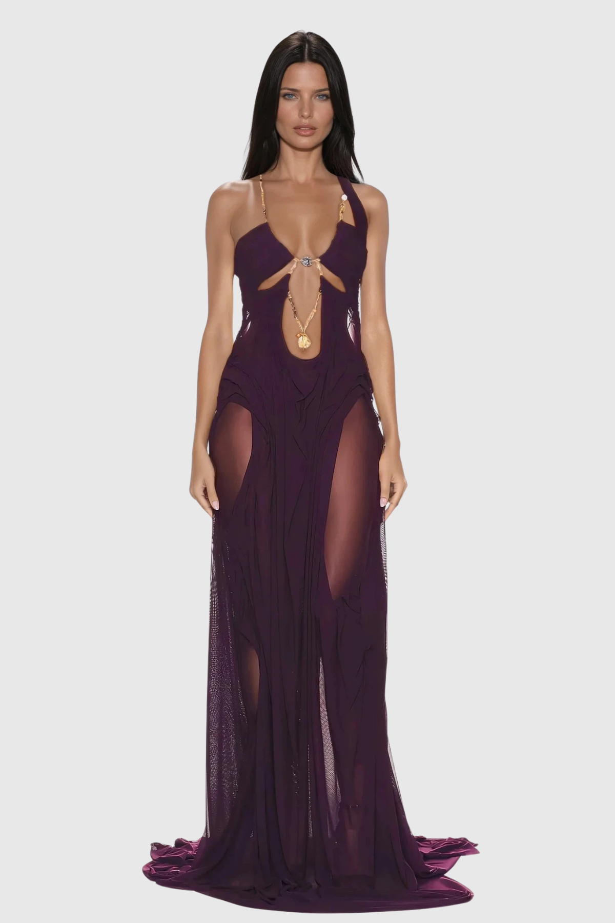 Davis Plunge Chain Asymmetric Maxi Dress In Deep Purple