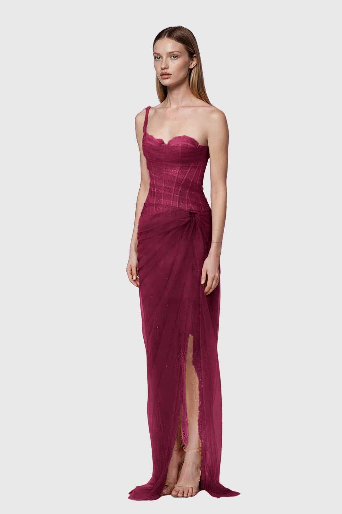 Red One-Shoulder Corset Mesh Maxi Dress – Elegant Evening Gown
