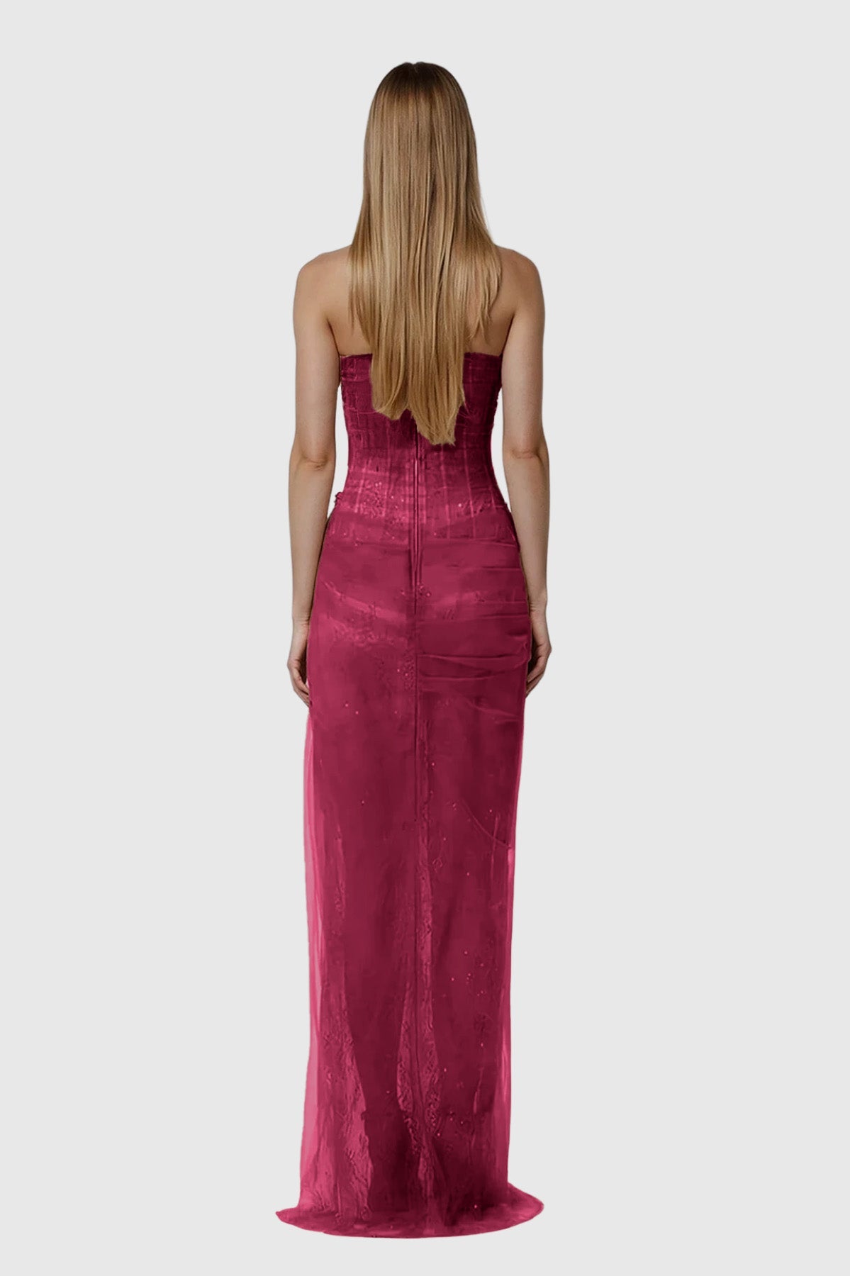 Red One-Shoulder Corset Mesh Maxi Dress – Elegant Evening Gown