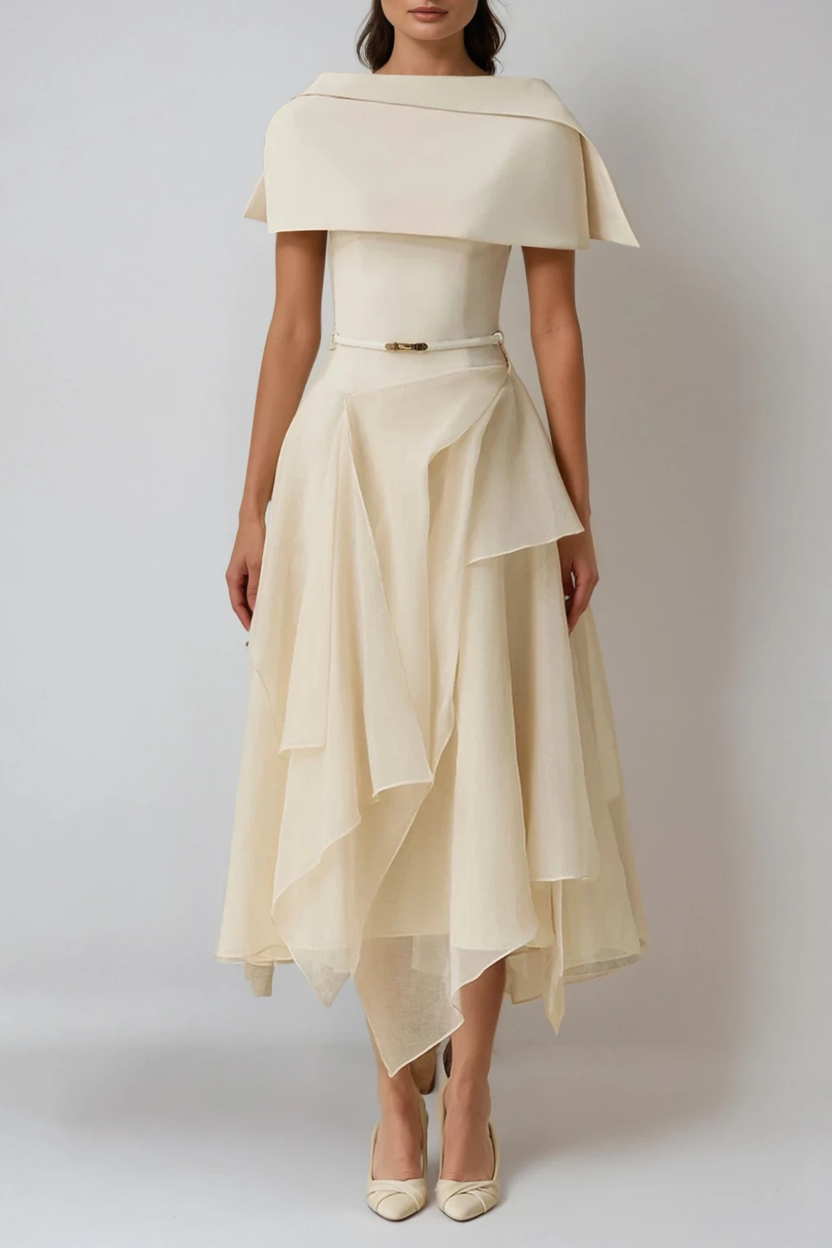 Deividas Two Piece Shawl Ruffle Midi Dress