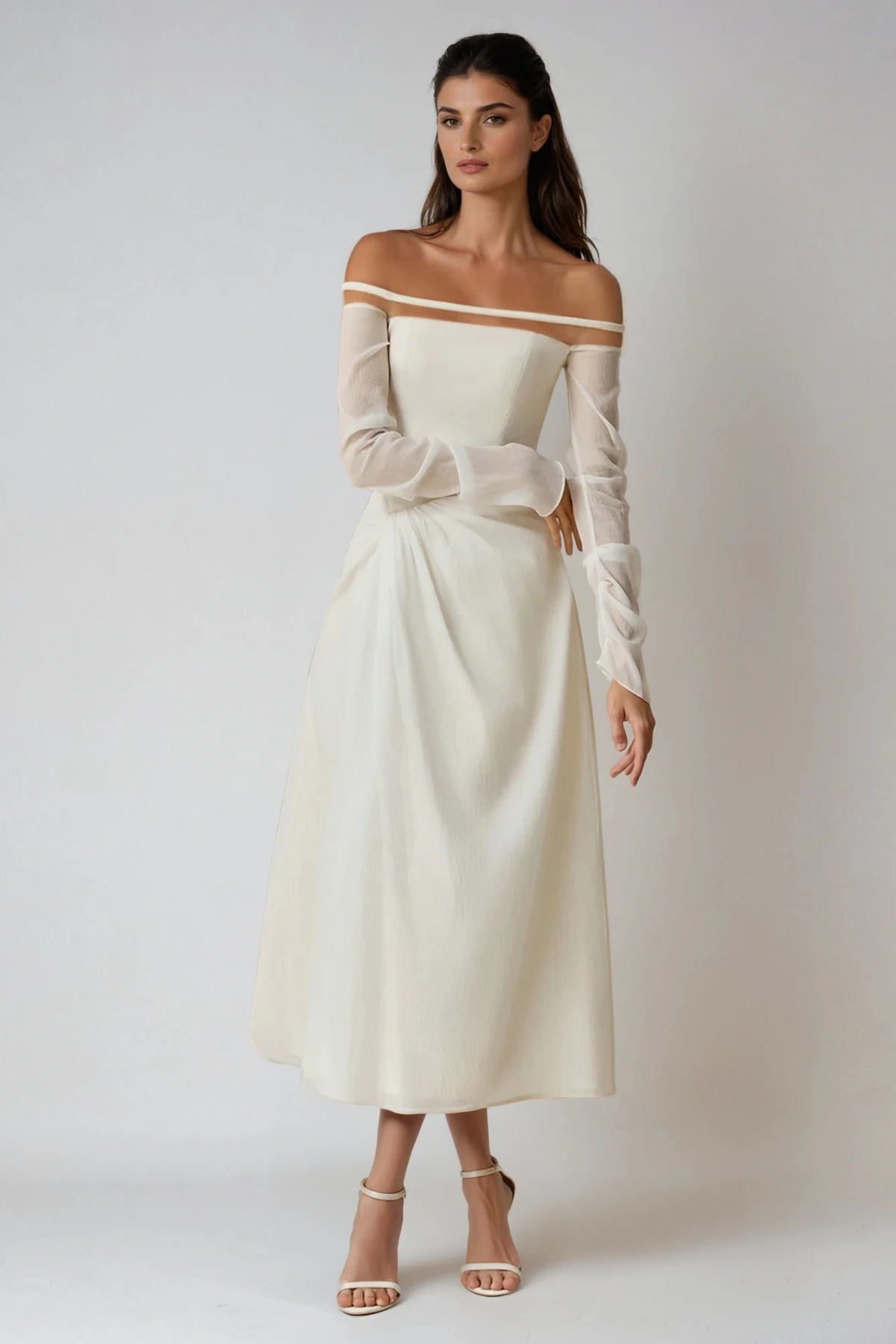 Deivids Off Shoulder Ruch Mesh Midi Dress
