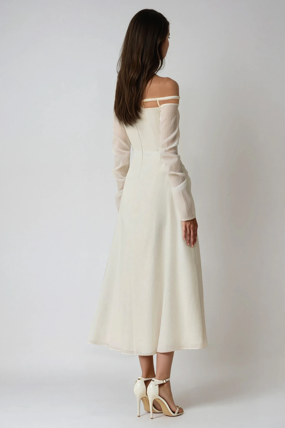 Deivids Off Shoulder Ruch Mesh Midi Dress