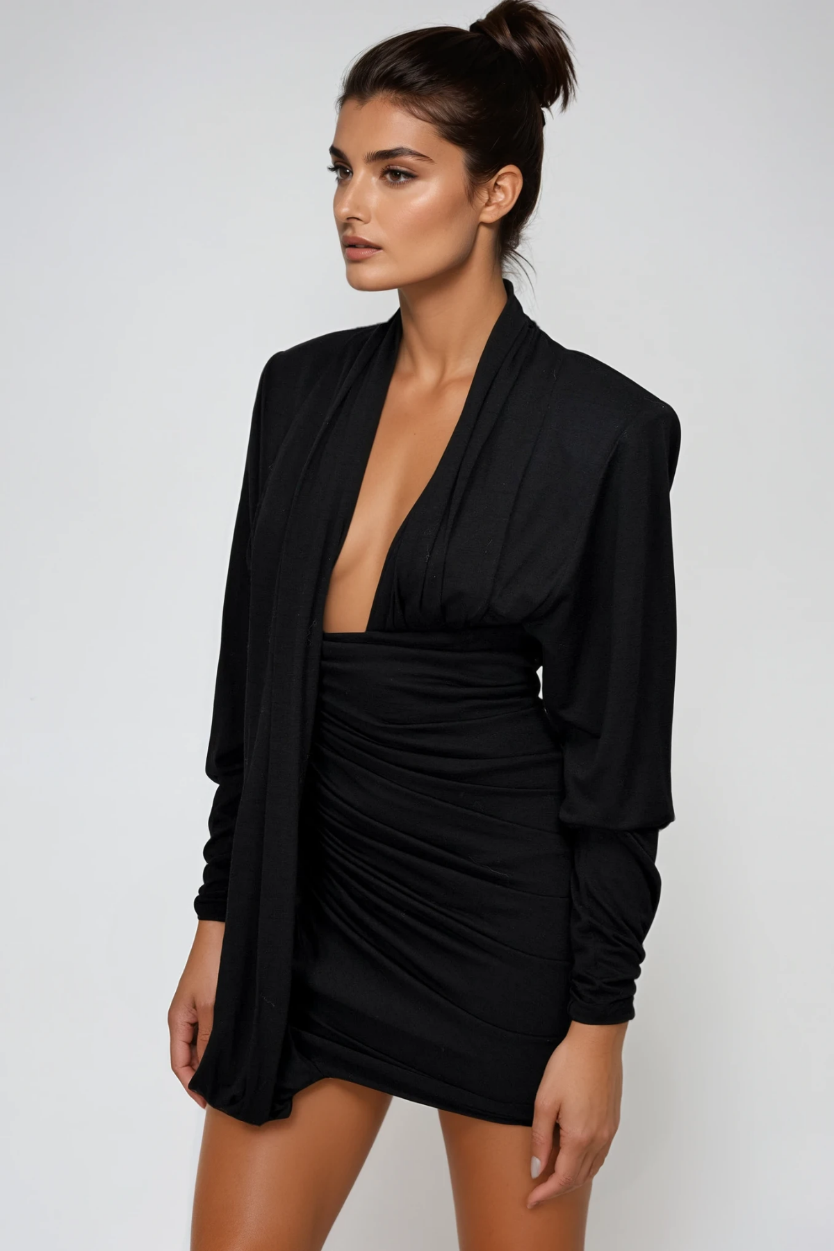 Long Sleeve Plunge Ruched Mini Dress – Sophisticated Fit with Modern Elegance