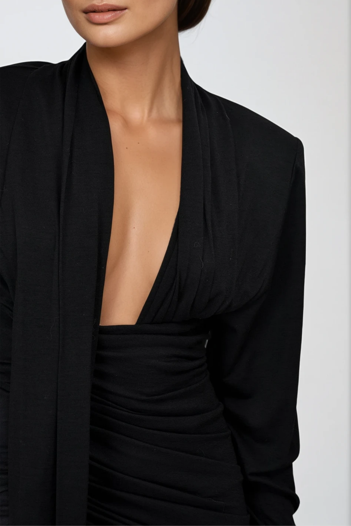 Long Sleeve Plunge Ruched Mini Dress – Sophisticated Fit with Modern Elegance