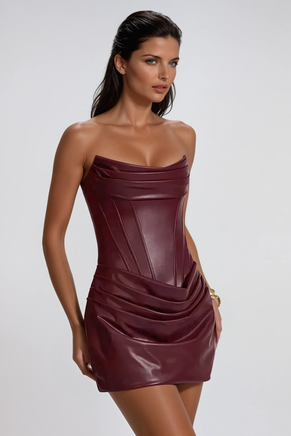 Devontae Corset Ruch Leather Mini Dress In Red