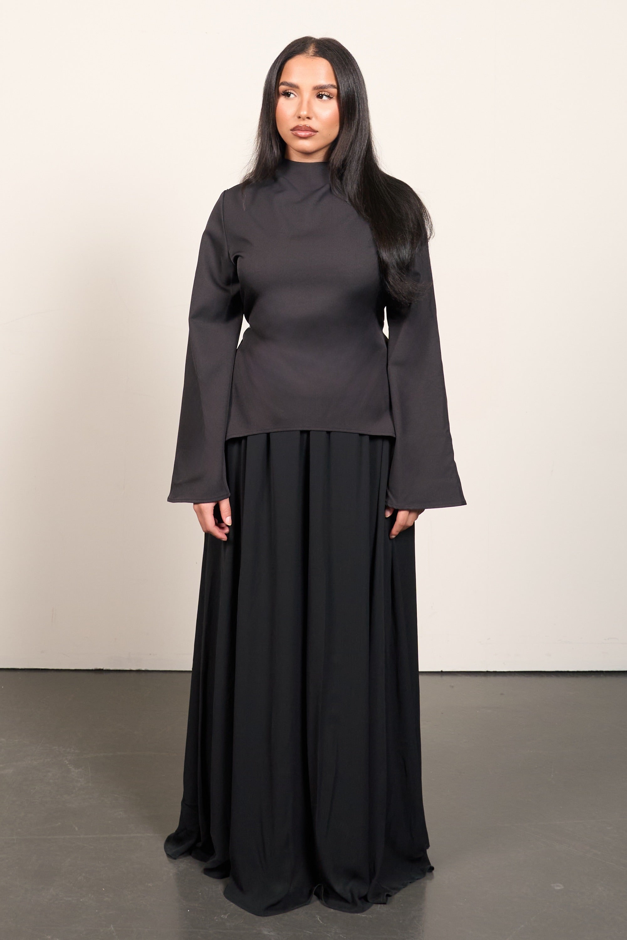 Elegant Two-Piece Set – Flared Sleeve Top & Maxi Skirt