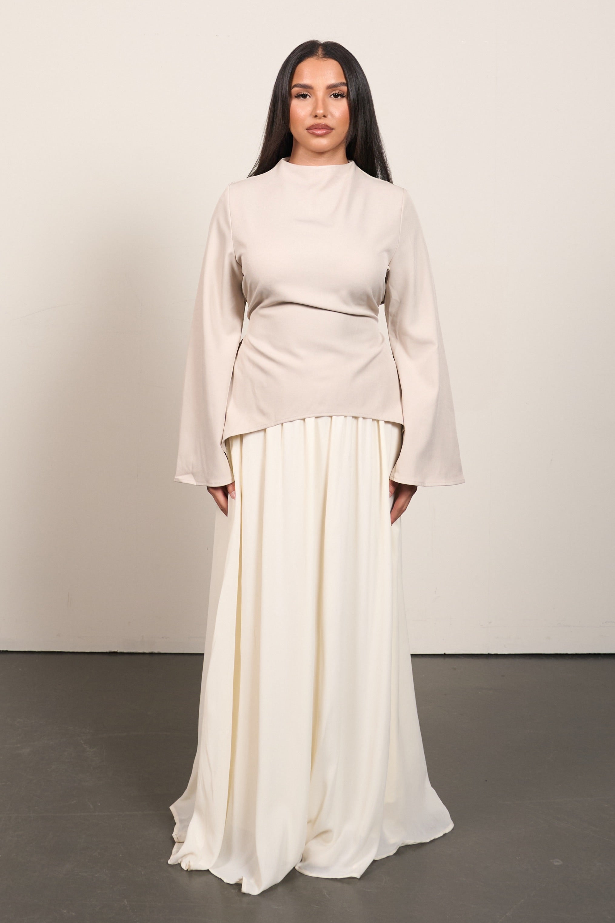 Elegant Two-Piece Set – Flared Sleeve Top & Maxi Skirt