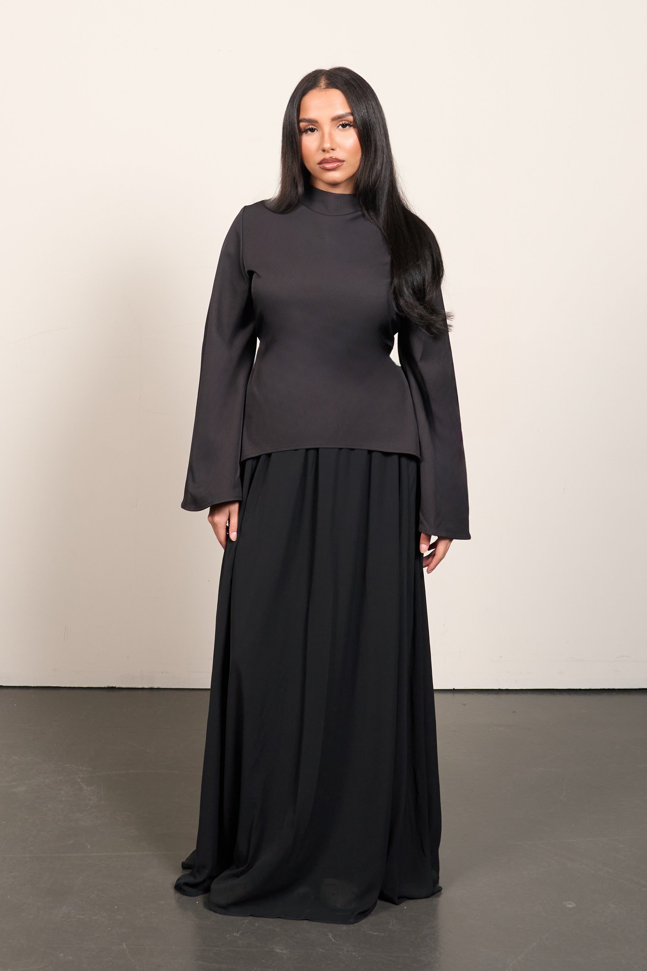 Elegant Two-Piece Set – Flared Sleeve Top & Maxi Skirt