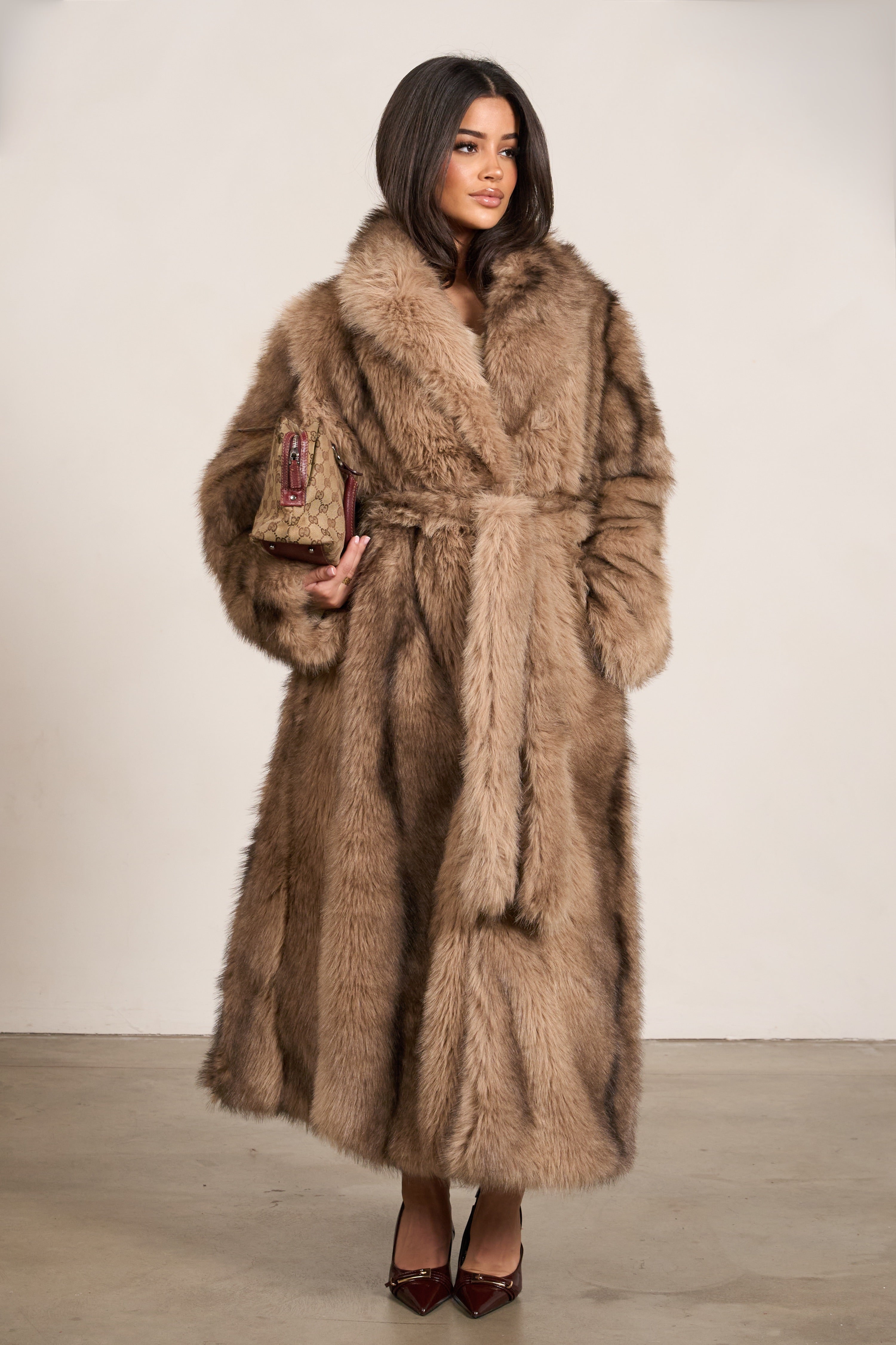 Long Faux Fur Coat – Belted Women’s Outerwear with Collar Detail