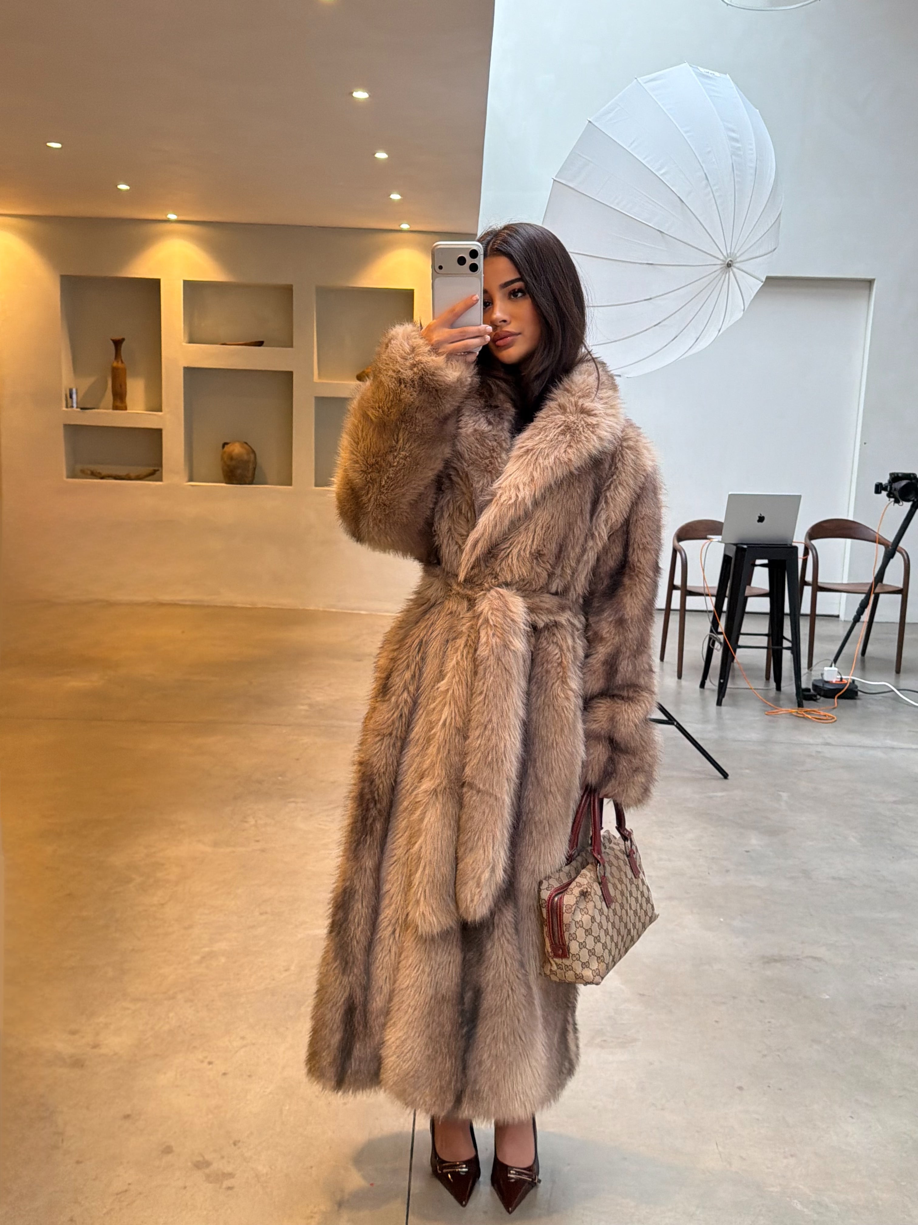 Long Faux Fur Coat – Belted Women’s Outerwear with Collar Detail