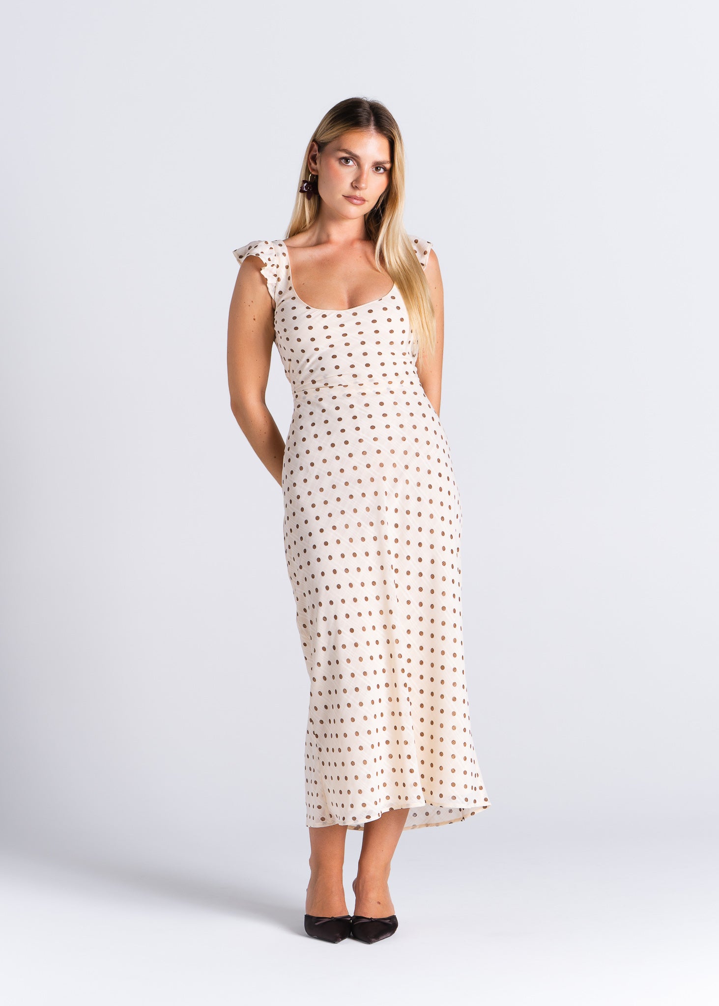 Carmen Polka Dot Midi Dress - Beige &amp; Brown 
