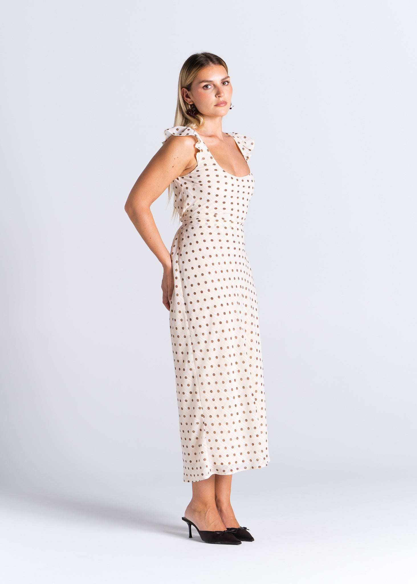 Carmen Polka Dot Midi Dress - Beige &amp; Brown 