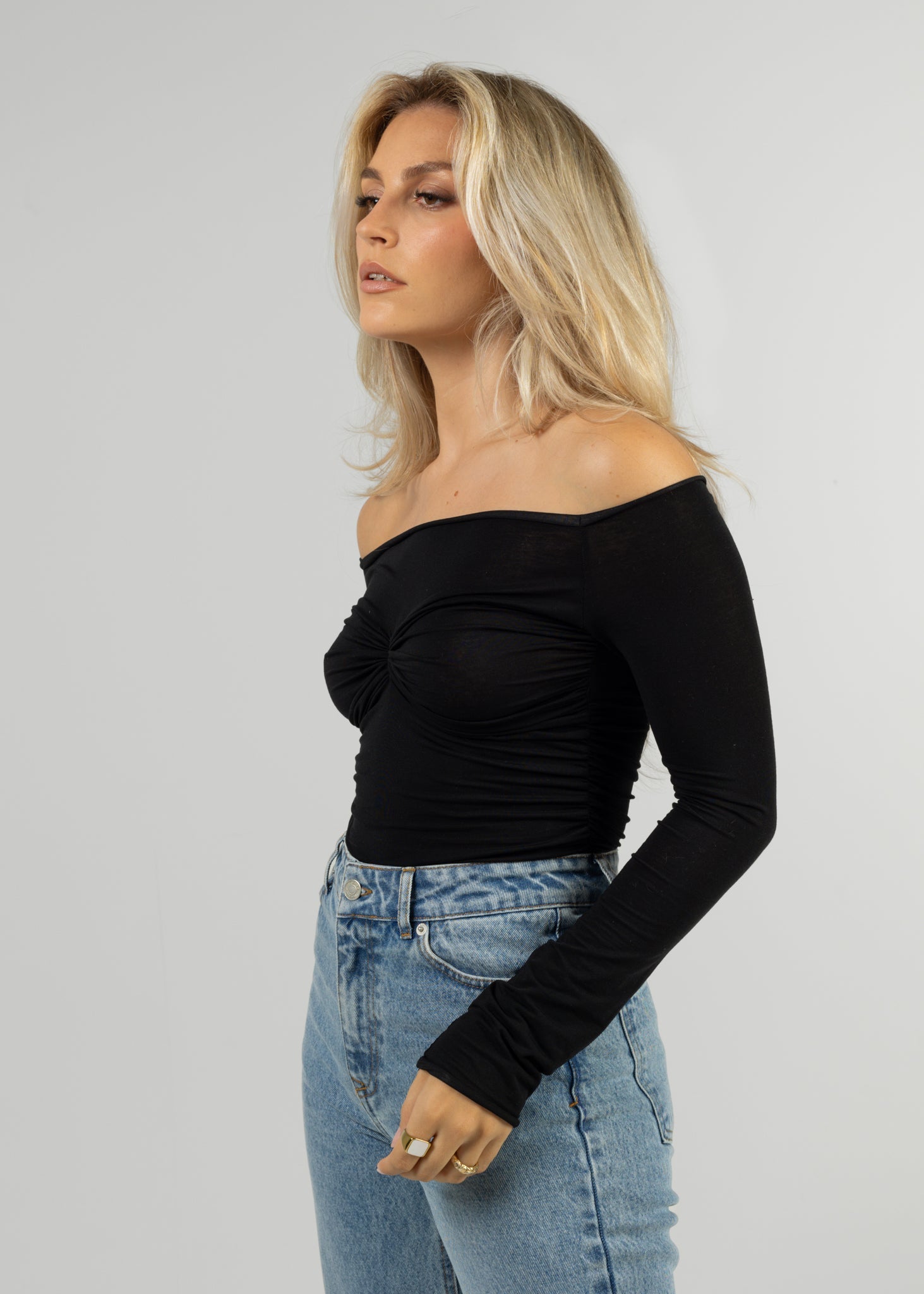 Women’s Off-Shoulder Pleated Top – Sculpted Long Sleeve Fit