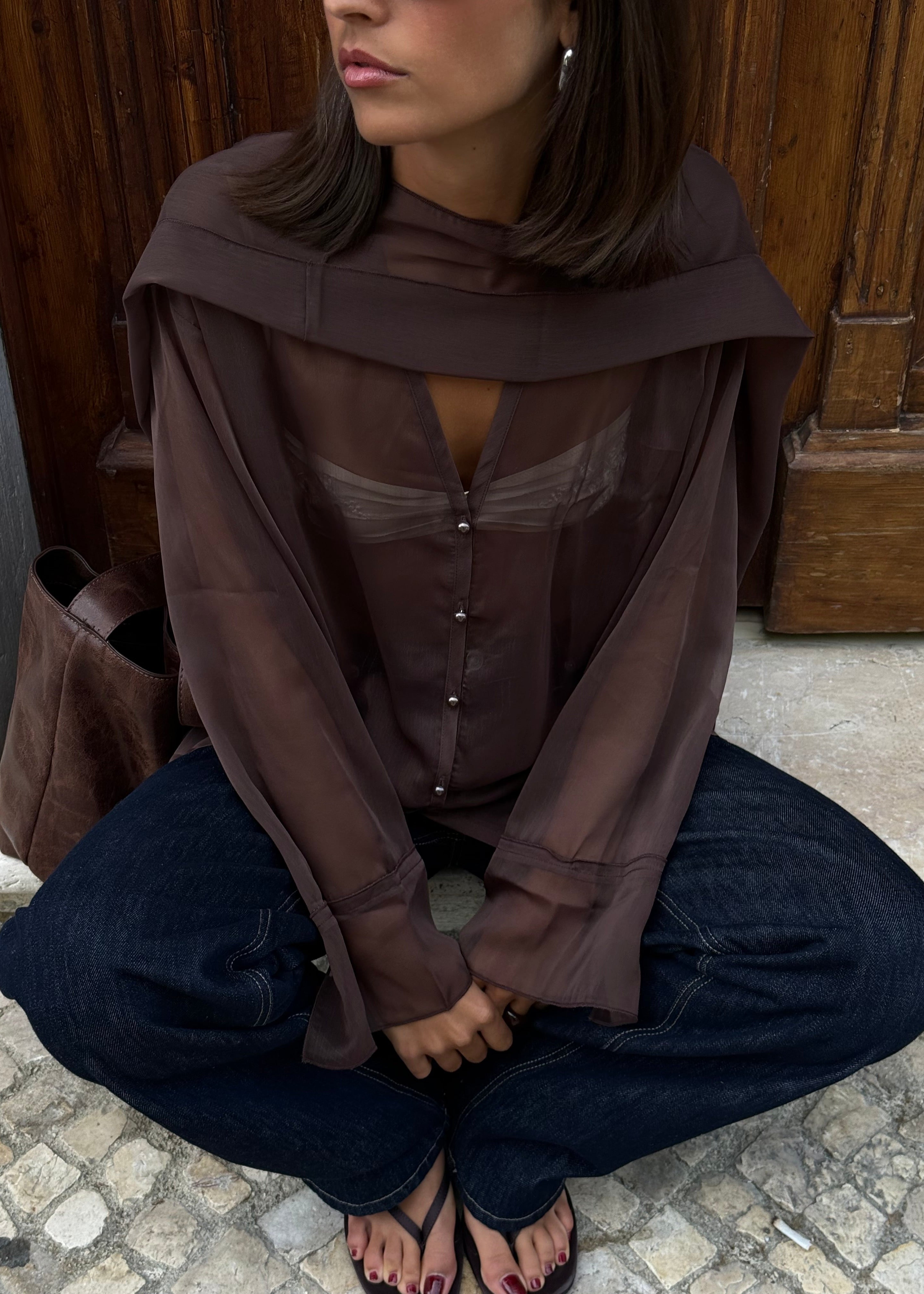 Haze Sheer Button-Up Blouse - Green 