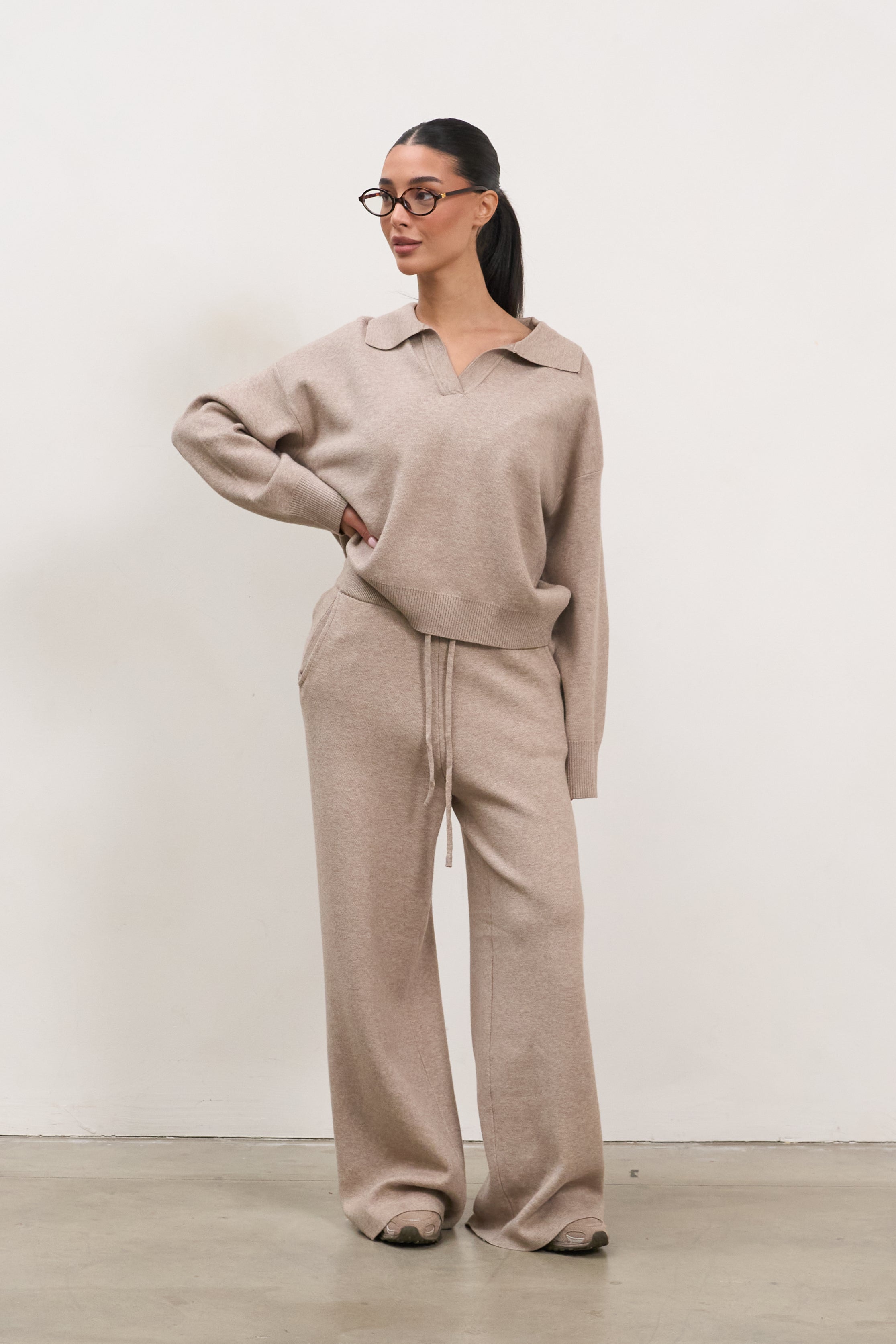 The Softline Knit Lounge Set | V-Neck Polo Sweater & Wide-Leg Knit Pants