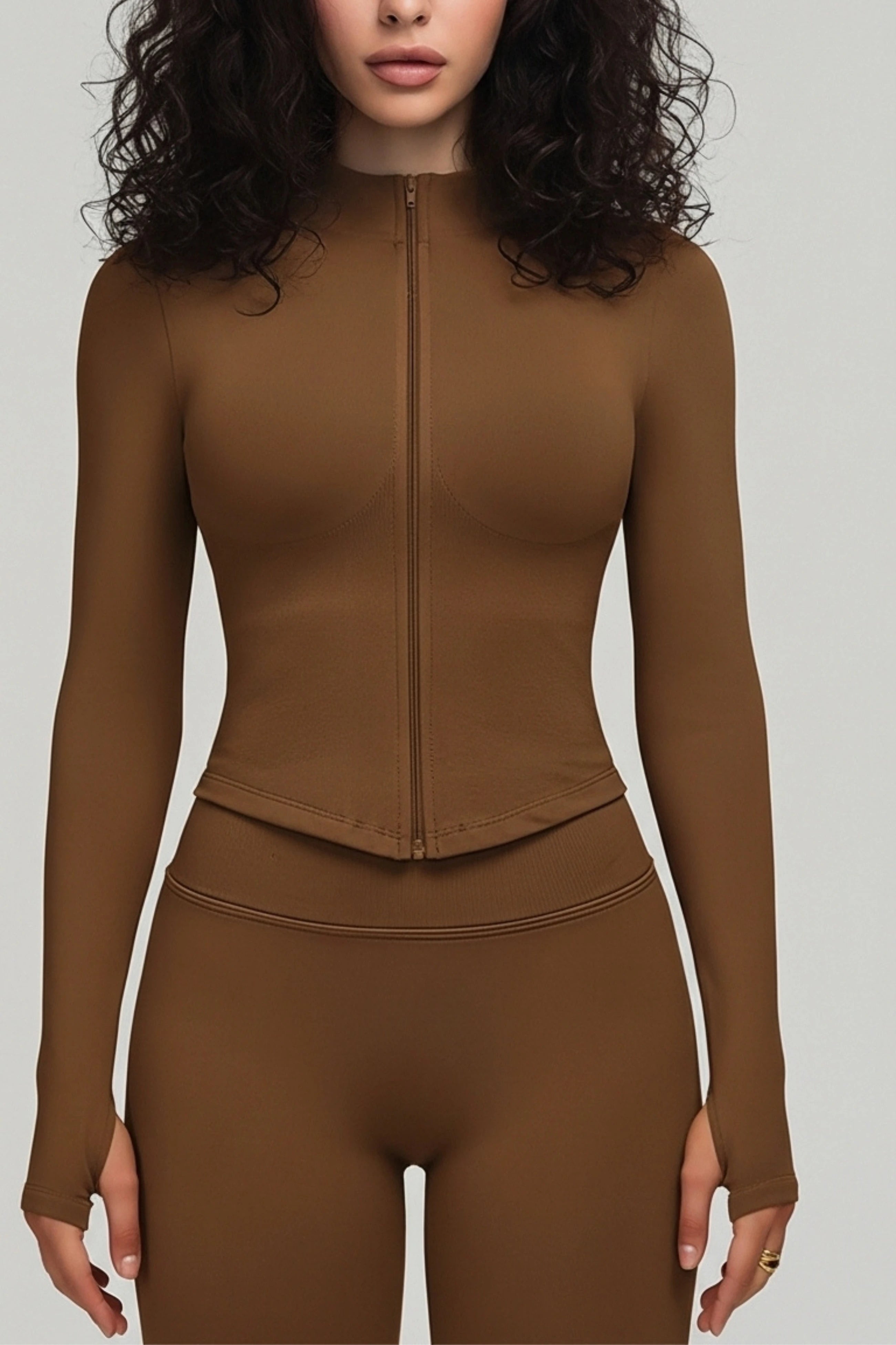 LEWAIR's Seamless Zip Jacket with Thumbholes – Sculpting Active Top | BROWN 