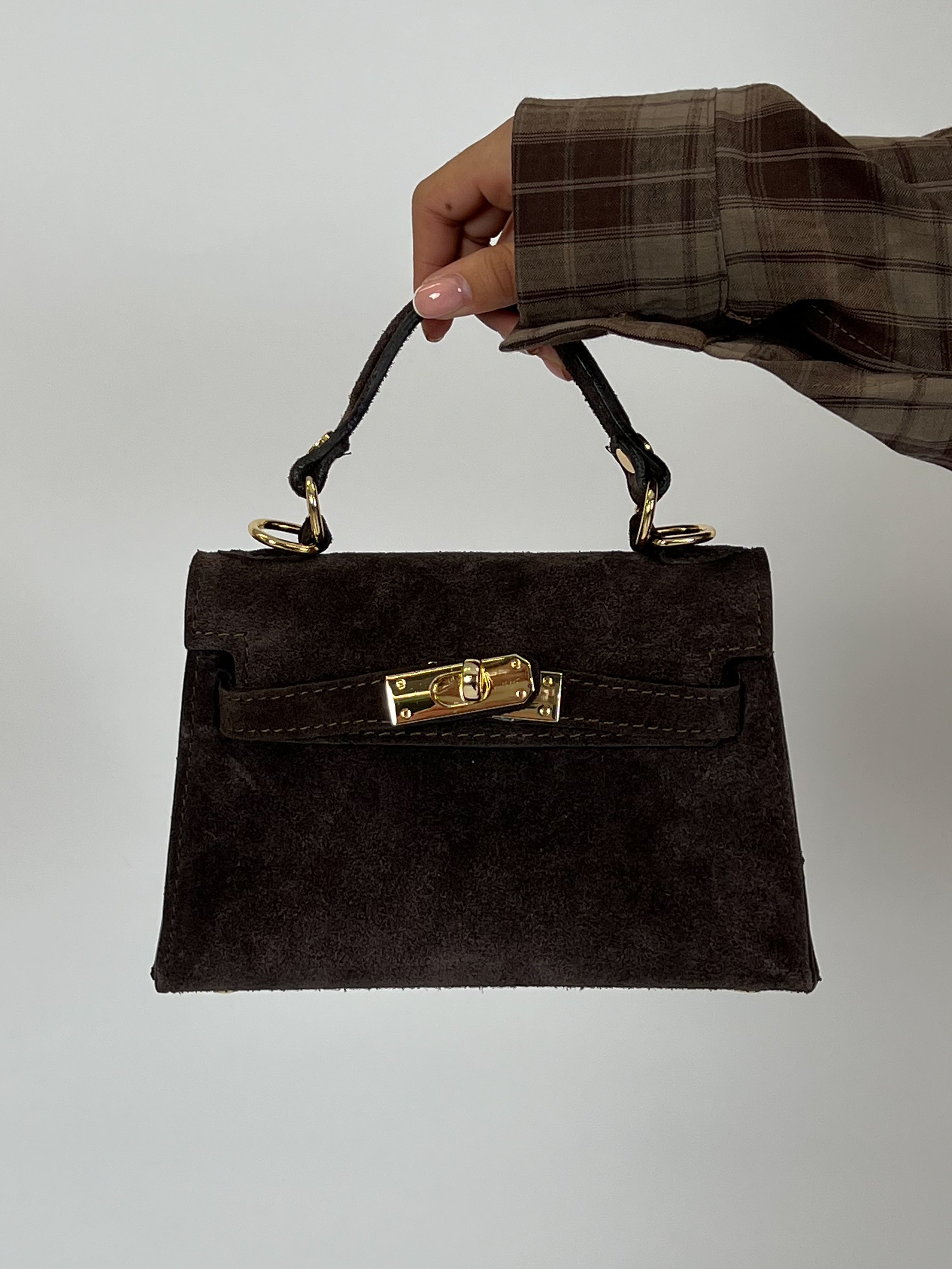 Mini Suede Top Handle Bag - CHOCOLATE FRONT