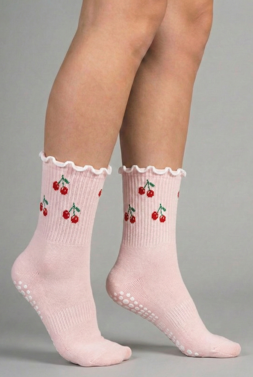 Soft Pastel Cherry-Blush Grip Socks