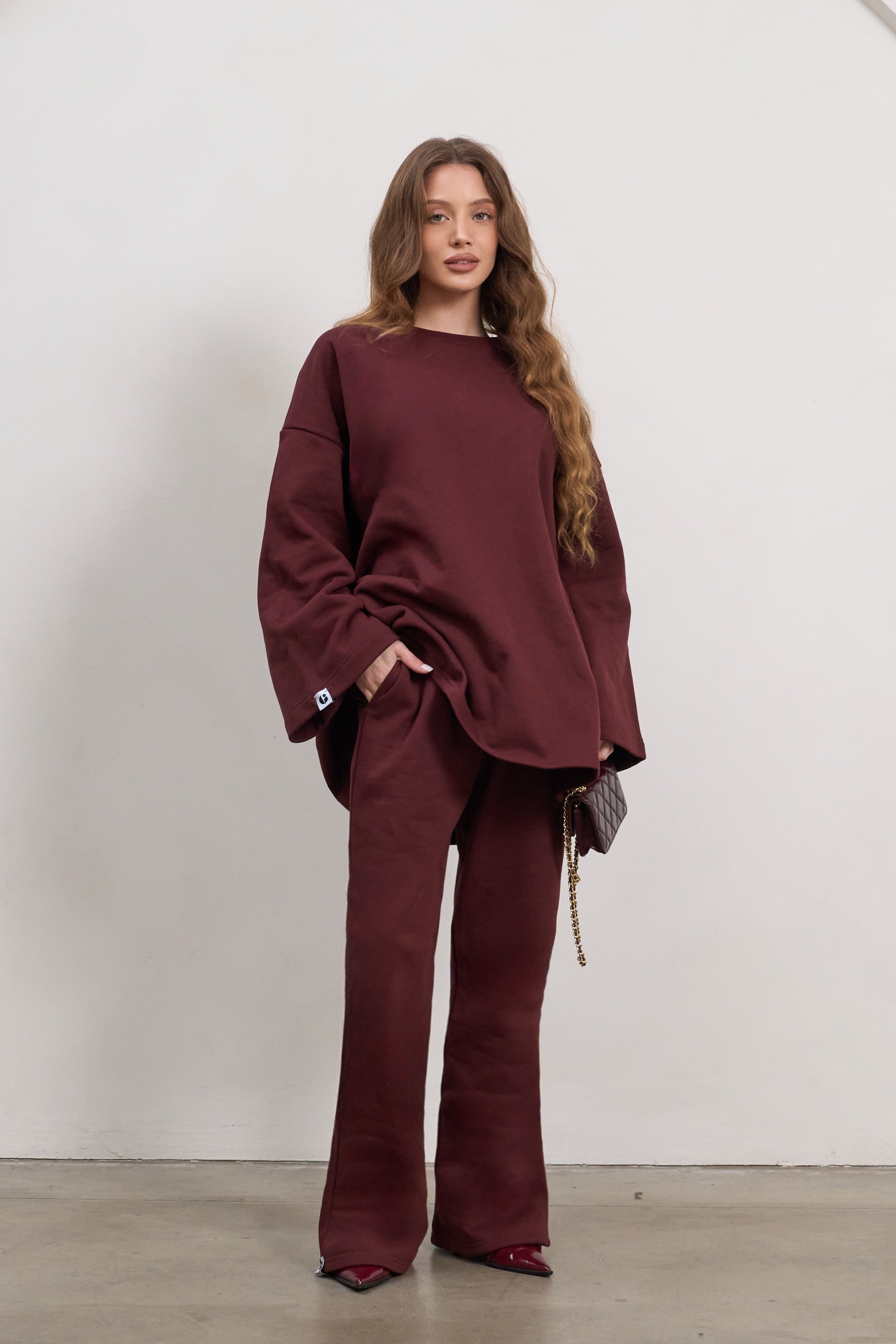 Bordeaux Ease Co-Ord Set | Oversized Cotton Knit Top & Straight-Leg Pants
