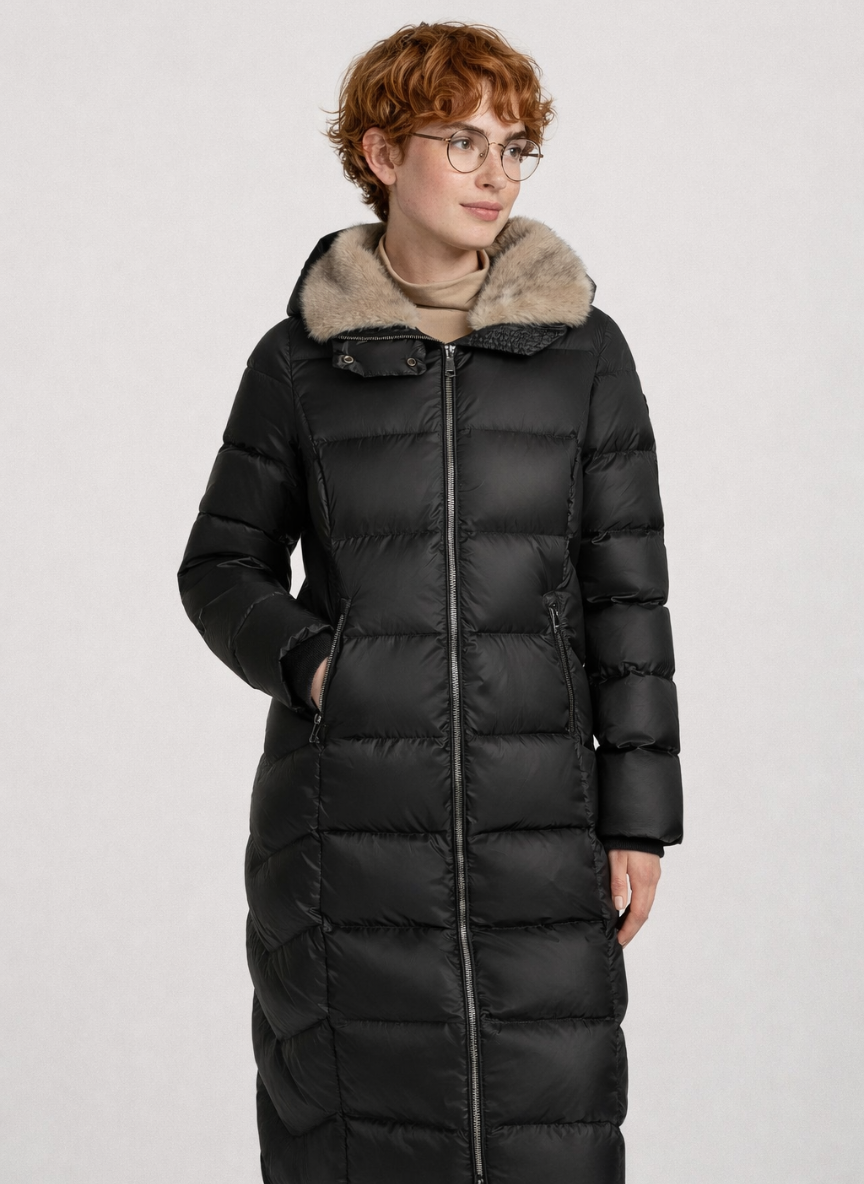 Paige Lightweight Low Down Jacket – Elegant Taffeta Fabric with Faux Fur Collar | BLACK 1