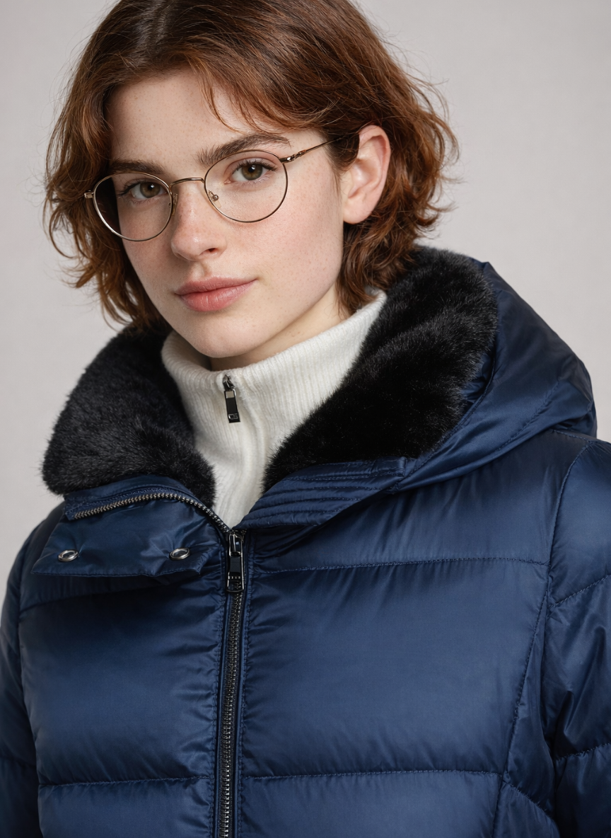 Paige Lightweight Mid Down Jacket – Elegant Taffeta Fabric & Removable Faux Fur Collar | NAVY 2