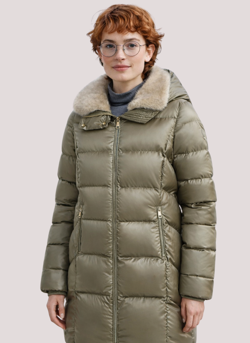 Paige Lightweight Mid Down Jacket – Elegant Taffeta Fabric & Removable Faux Fur Collar | PISTACHIO 1