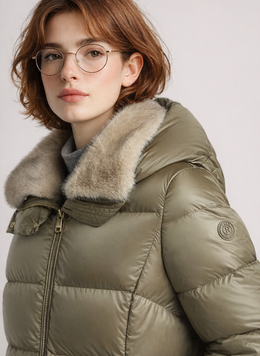 Paige Lightweight Mid Down Jacket – Elegant Taffeta Fabric & Removable Faux Fur Collar | PISTACHIO 2