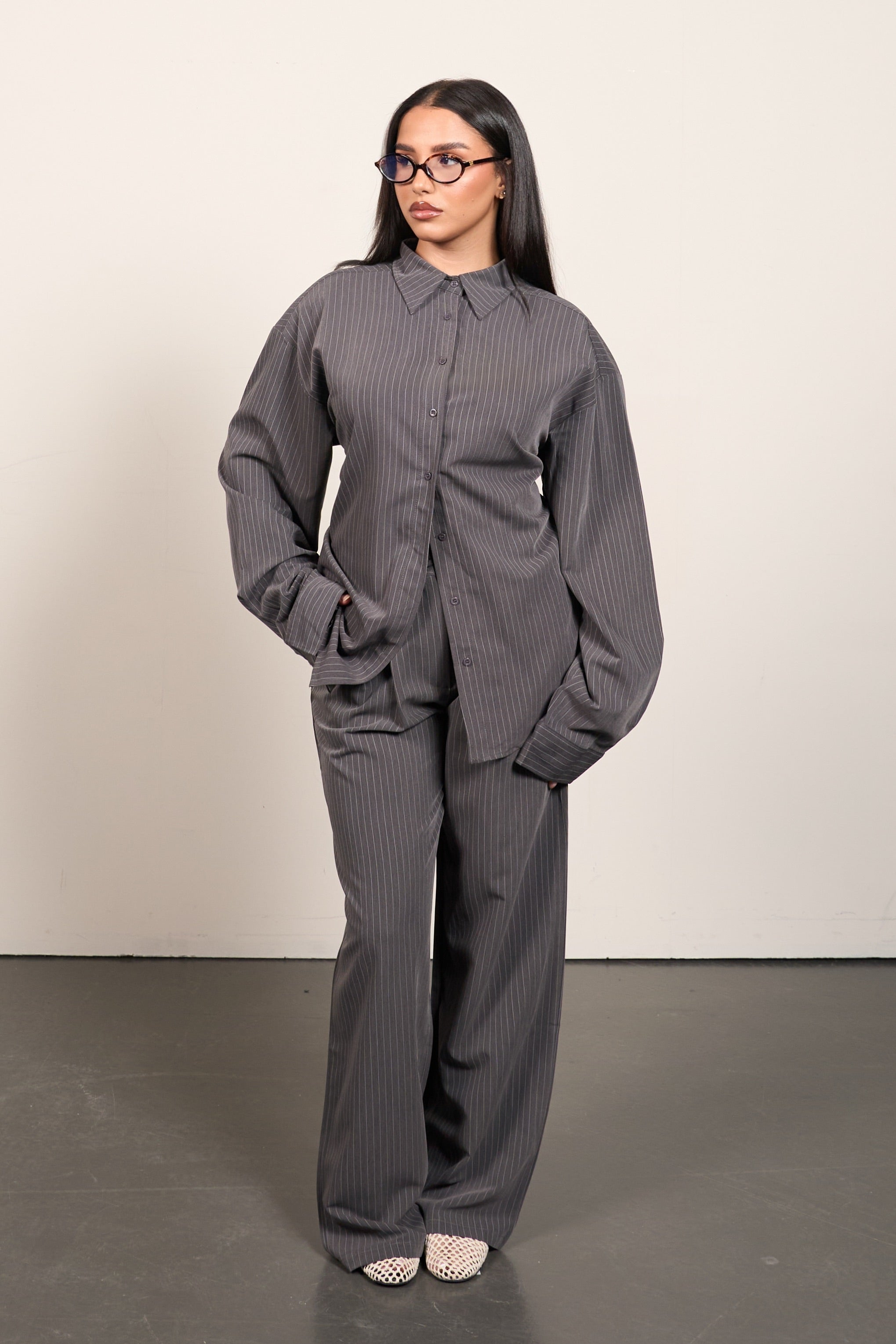 Pinstripe Oversized Blouse – Gray