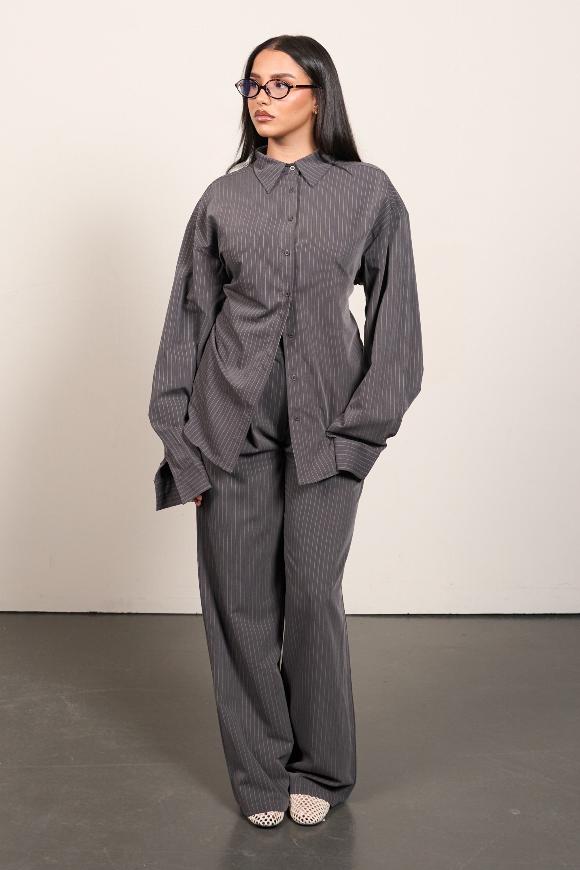 Pinstripe Oversized Blouse – Gray