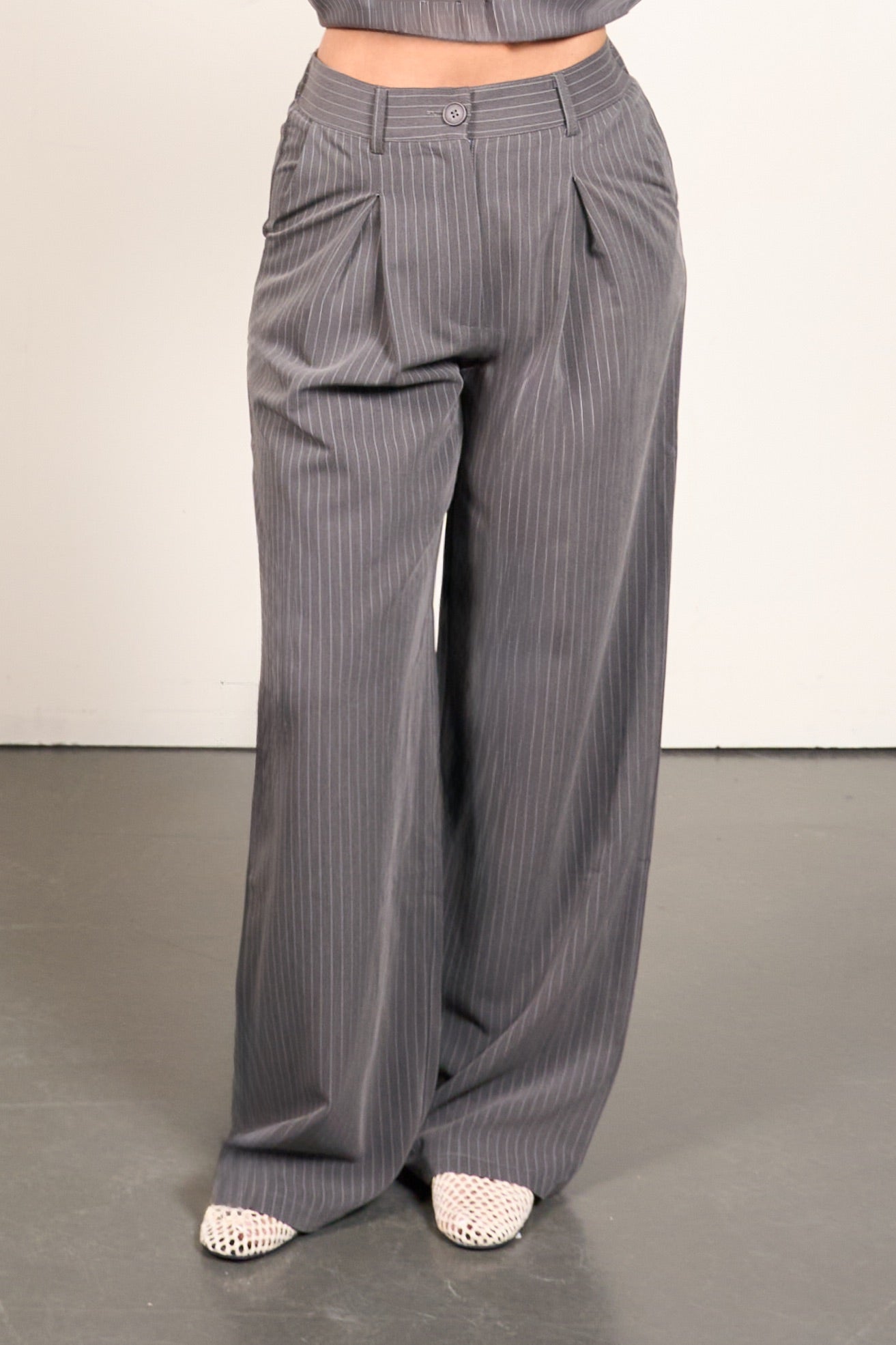 Pinstripe Wide Leg Pants – Gray