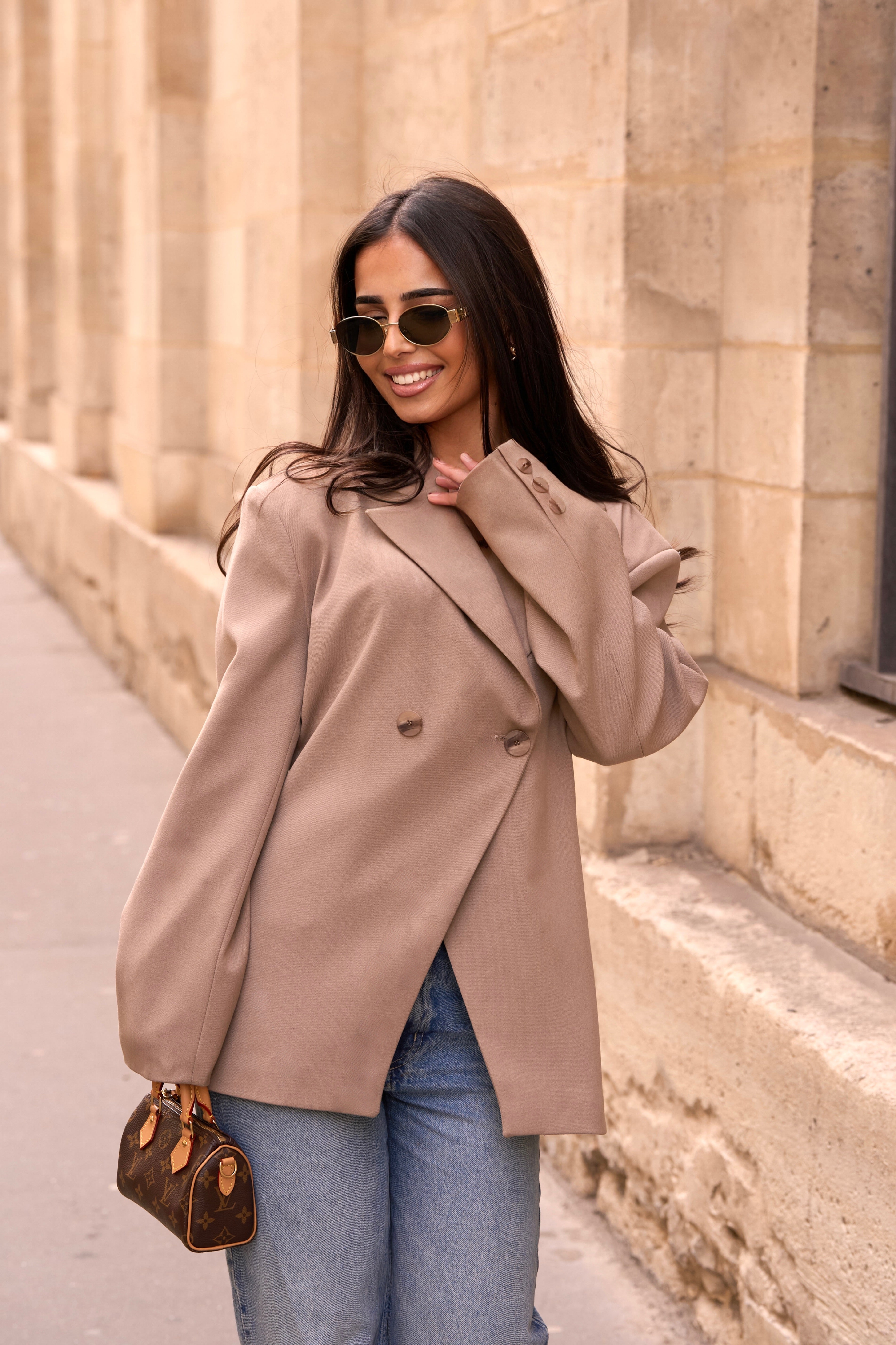 Women’s Sandstone Tailored Blazer – Timeless Double-Breasted Elegance