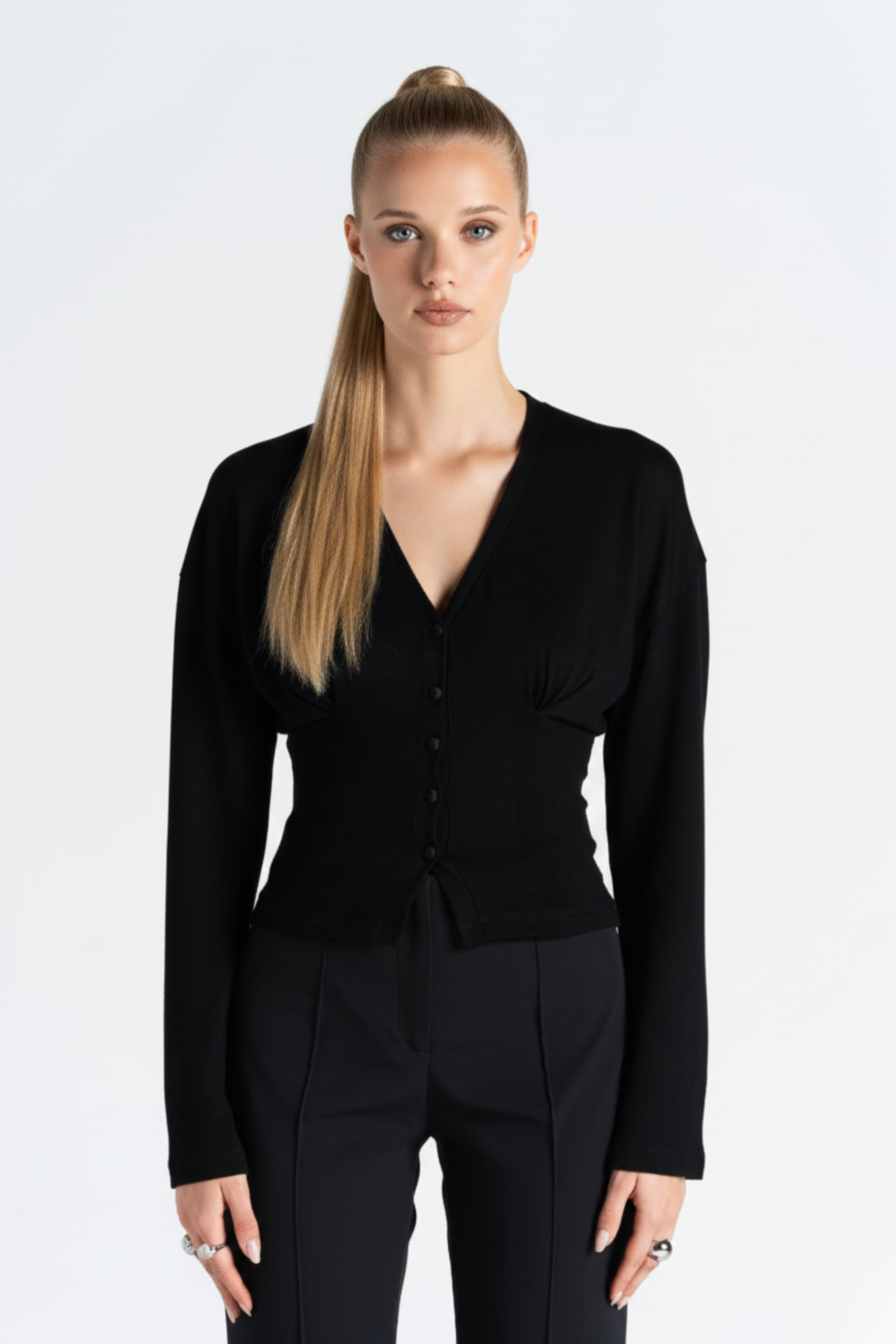 Sculpted Waist Blouse – Pleated Button Front Blouse for Women | BLACK 1