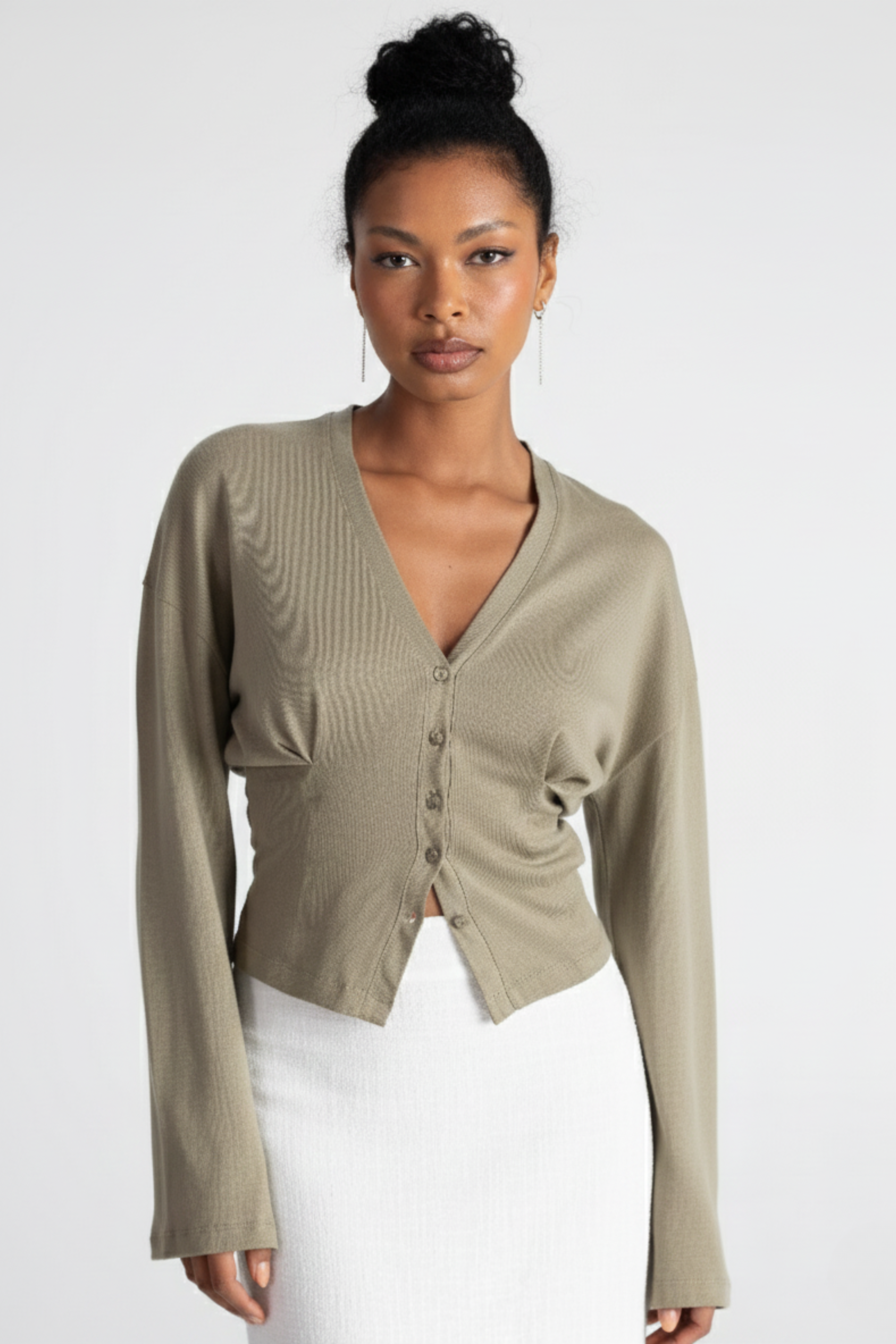 Sculpted Waist Blouse – Pleated Button Front Blouse for Women | GREEN