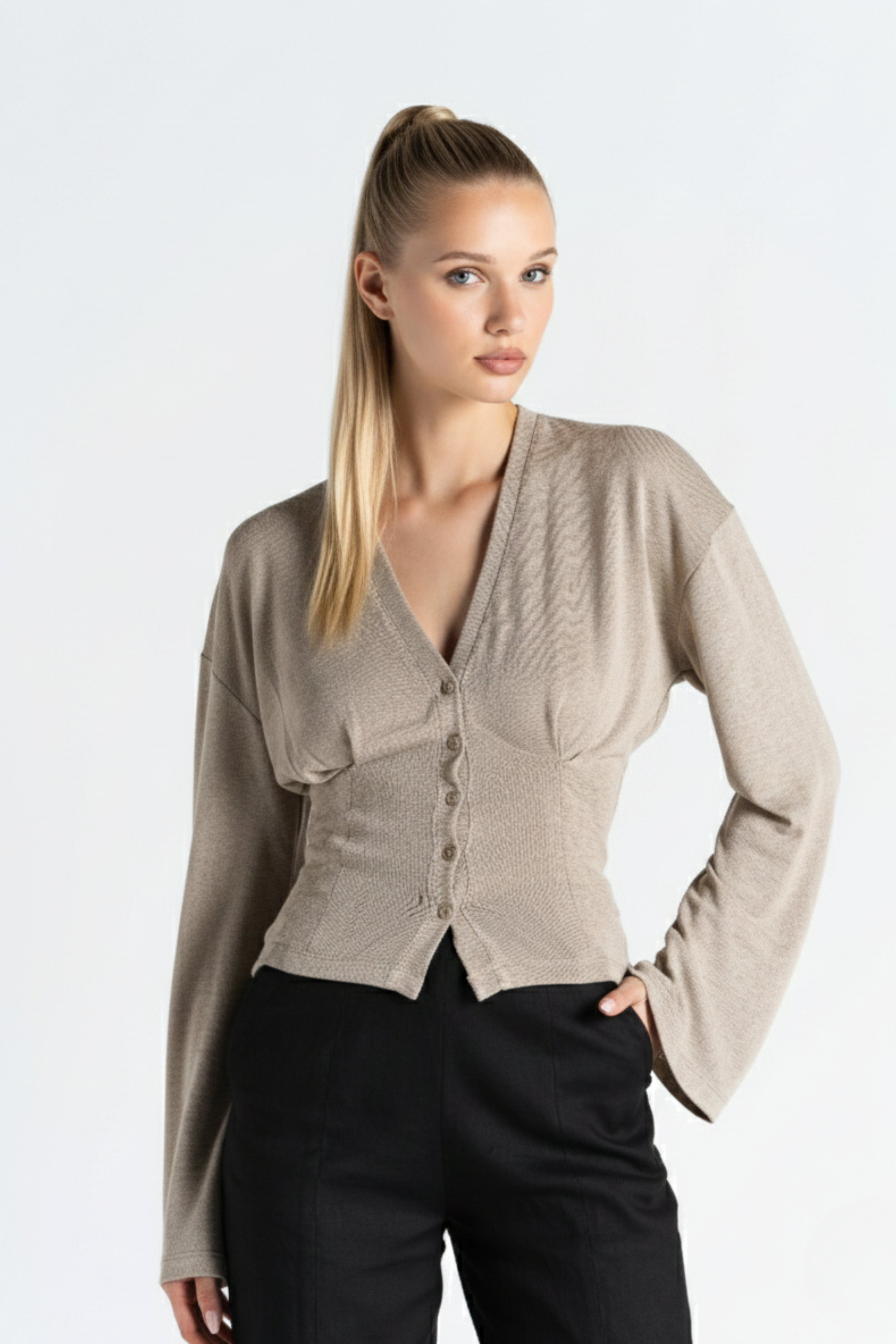 Sculpted Waist Blouse – Pleated Button Front Blouse for Women | TAUPE 1