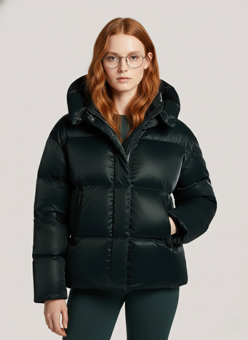 Shiny Fabric Short Puffer Jacket – Stylish & Warm Winter Coat | GREEN 1